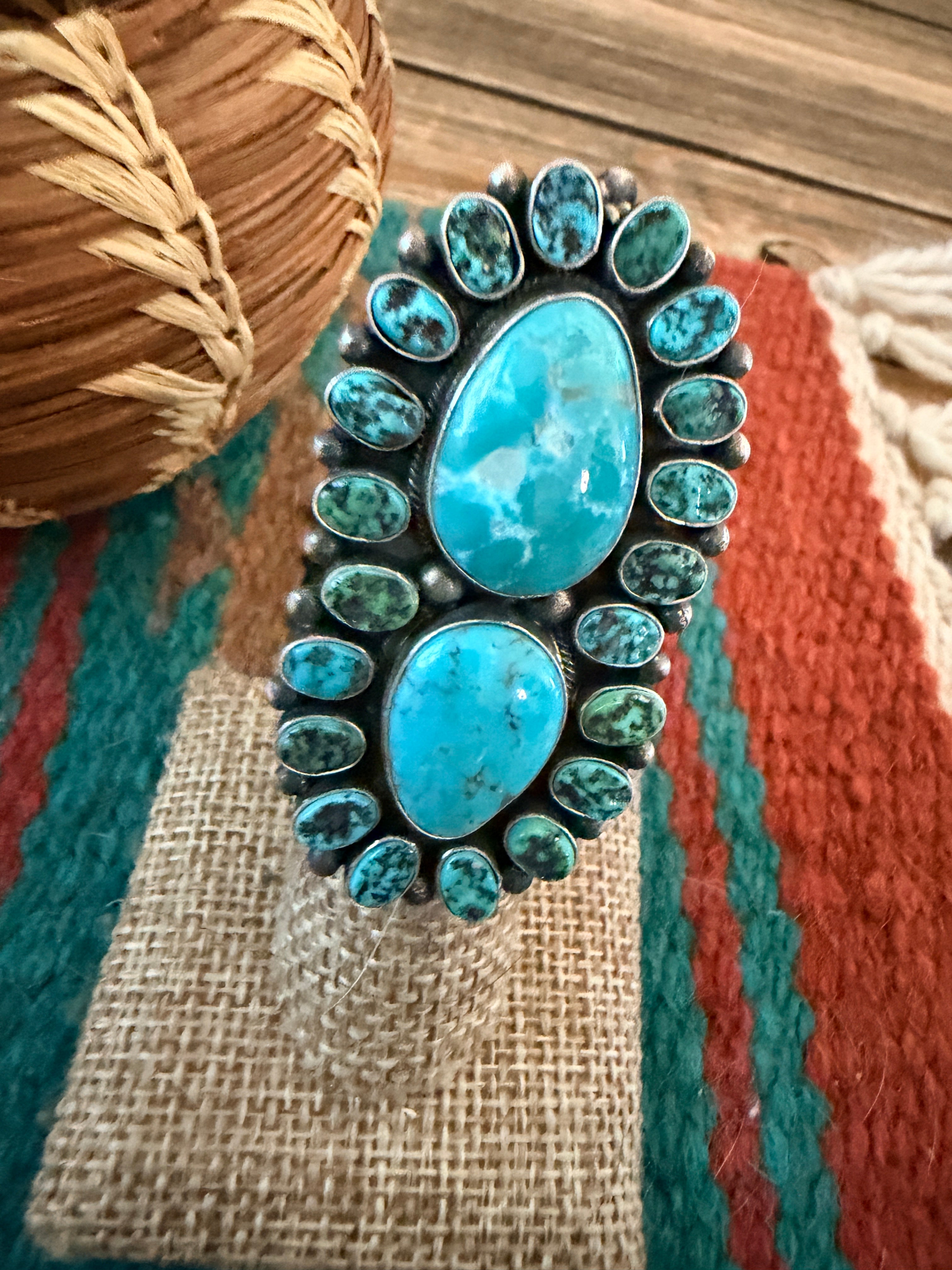 Handcrafted Turquoise & Sterling Silver Cluster Ring Size 4 by Blaine Yellowhorse