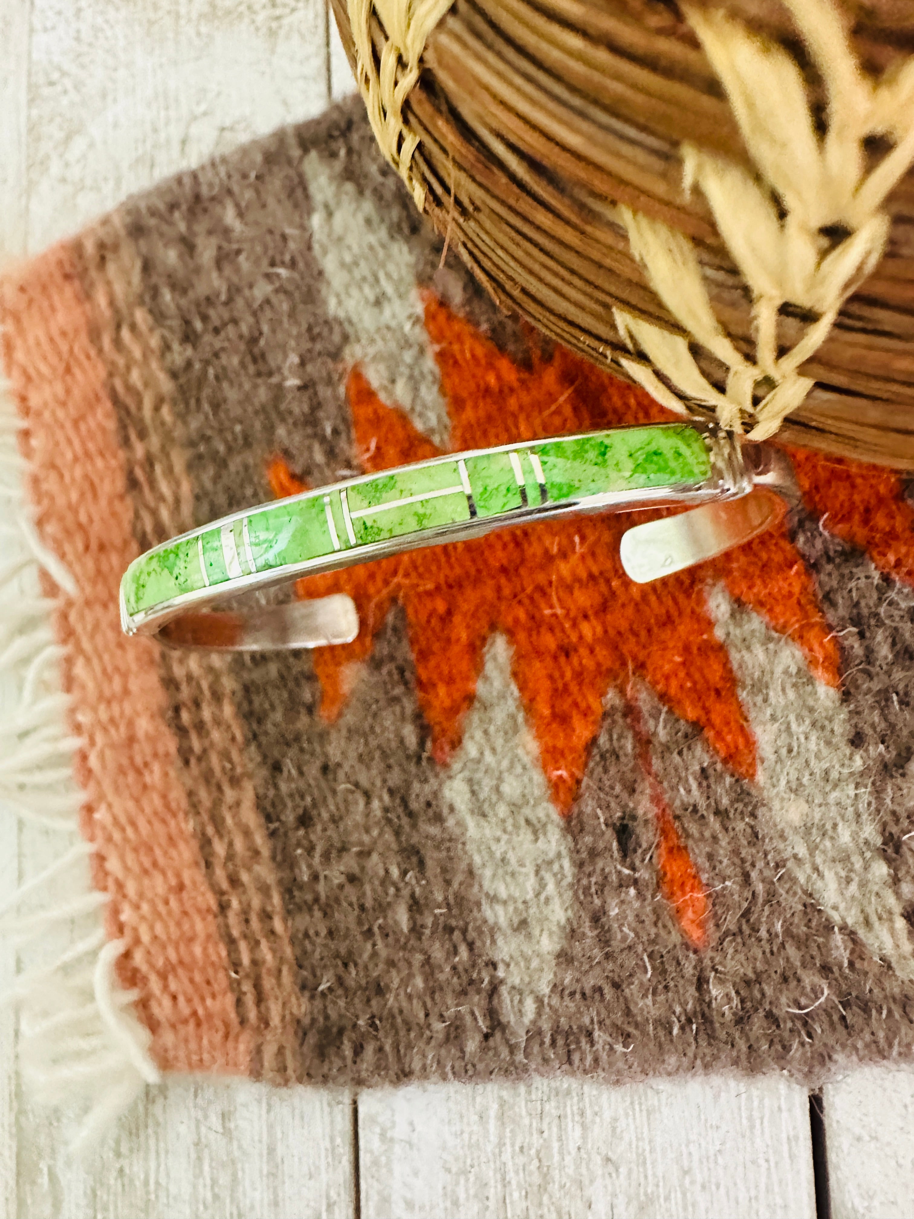 Navajo Gaspeite & Sterling Silver Inlay Cuff Bracelet