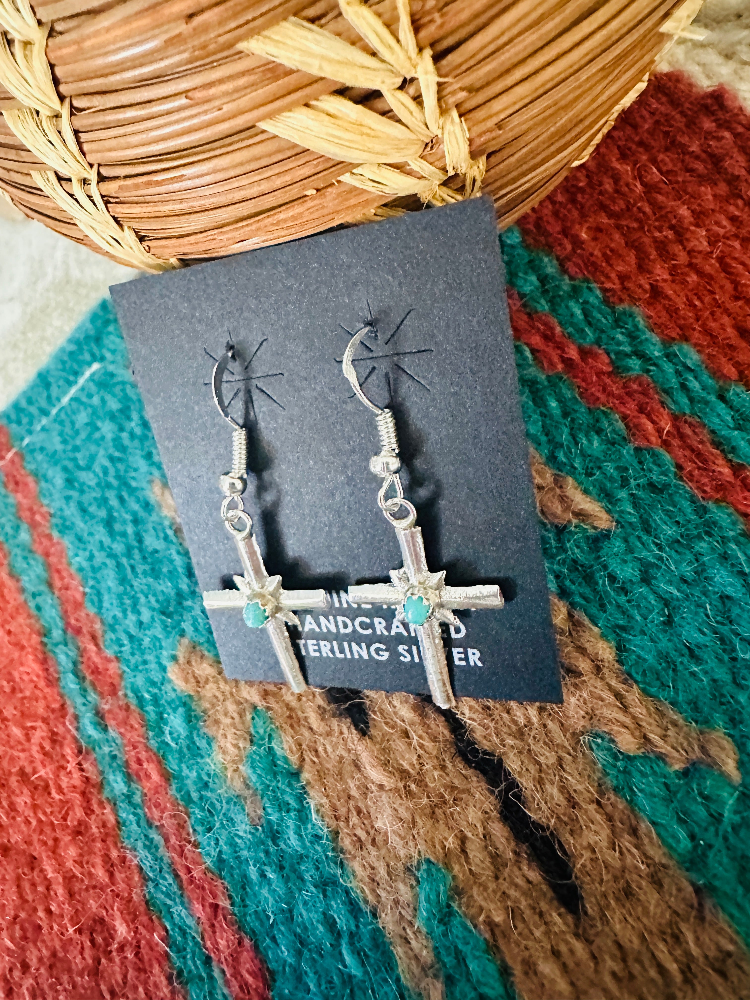 Navajo Sterling Silver & Turquoise Cross Dangle Earrings