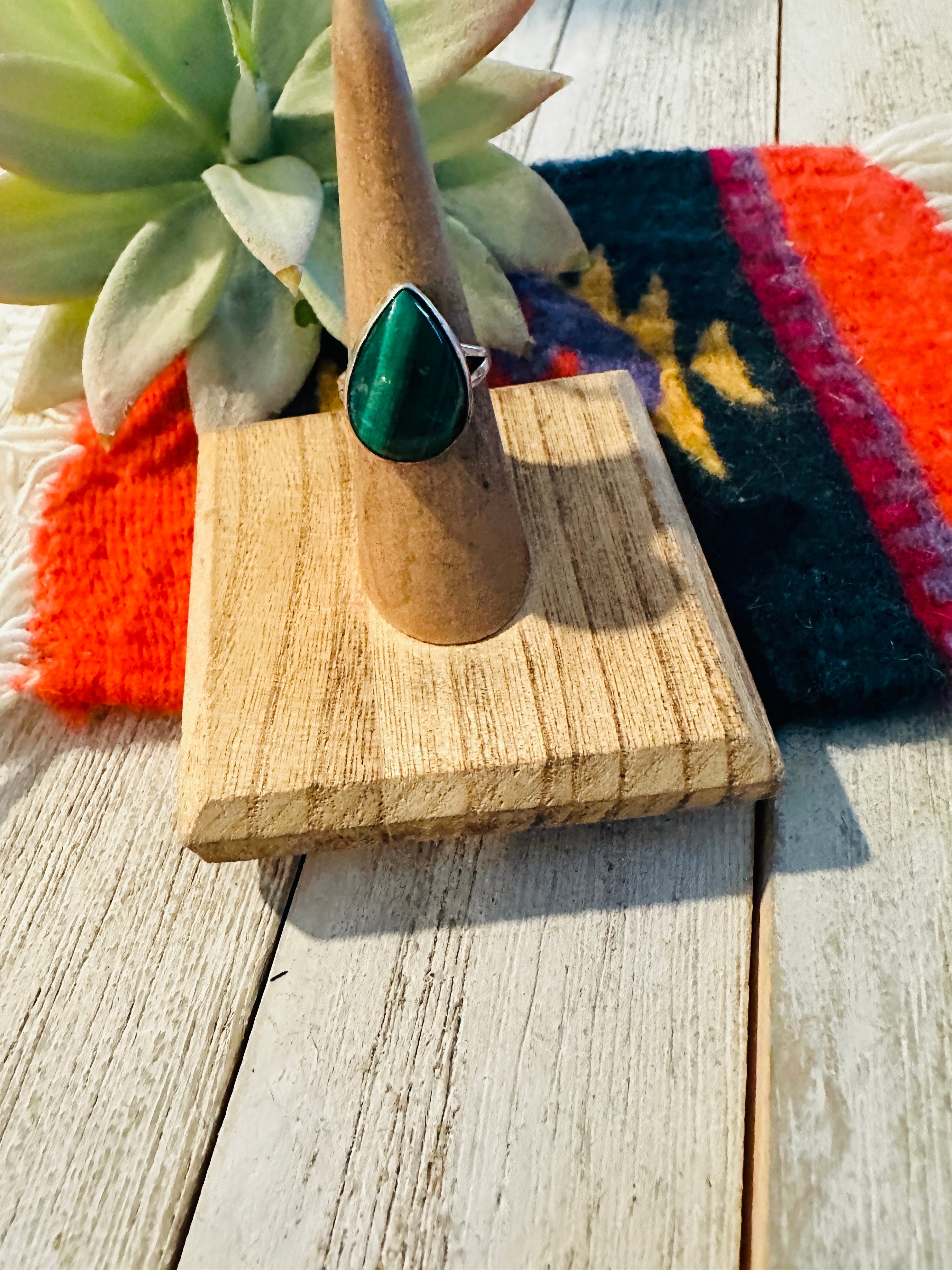 Navajo Malachite & Sterling Silver Teardrop Ring