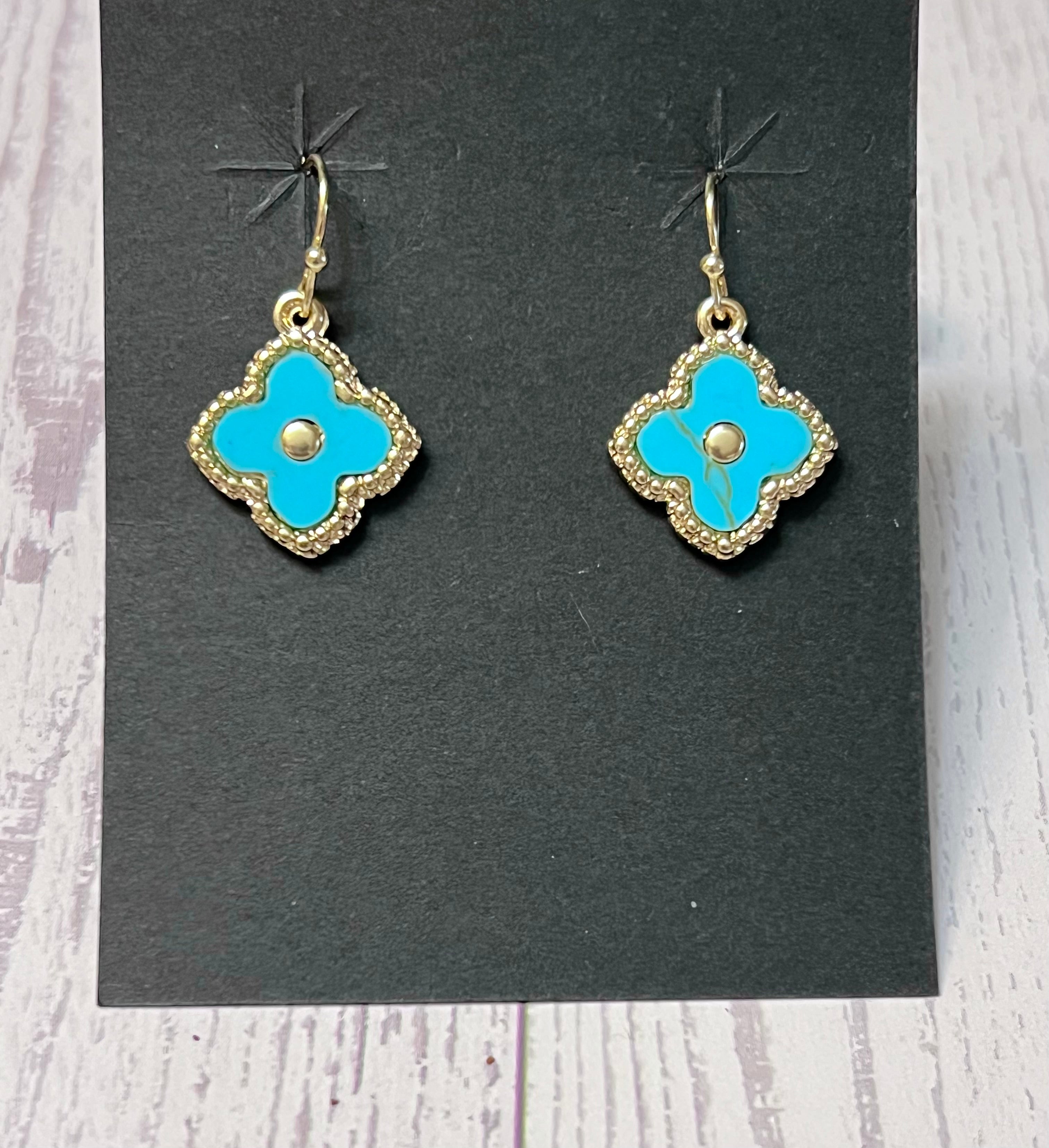14k Gold Plated Turquoise Clover Dangle Wire Earrings