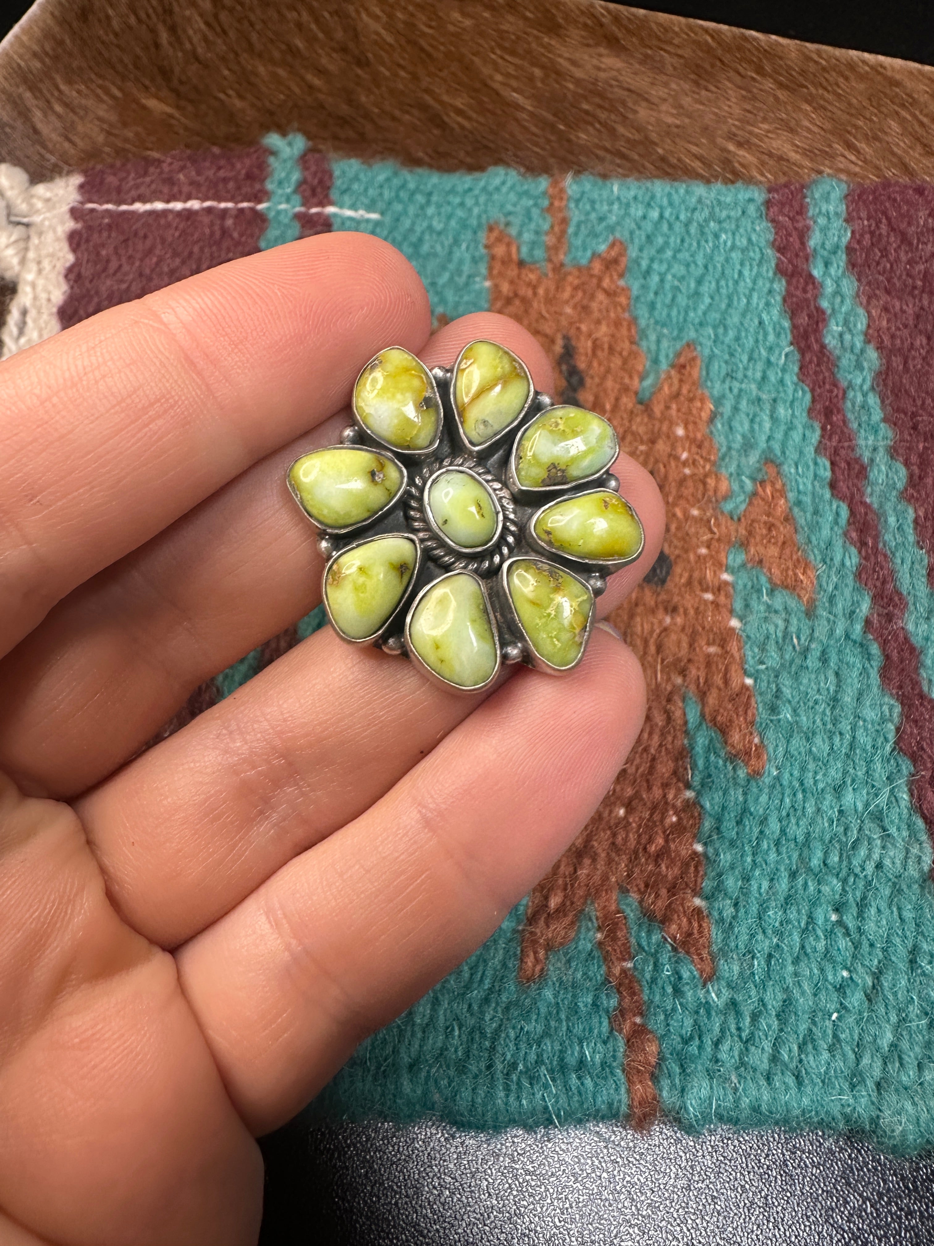 Nizhoni Handmade Palomino Turquoise Sterling Silver Flower Cluster Ring