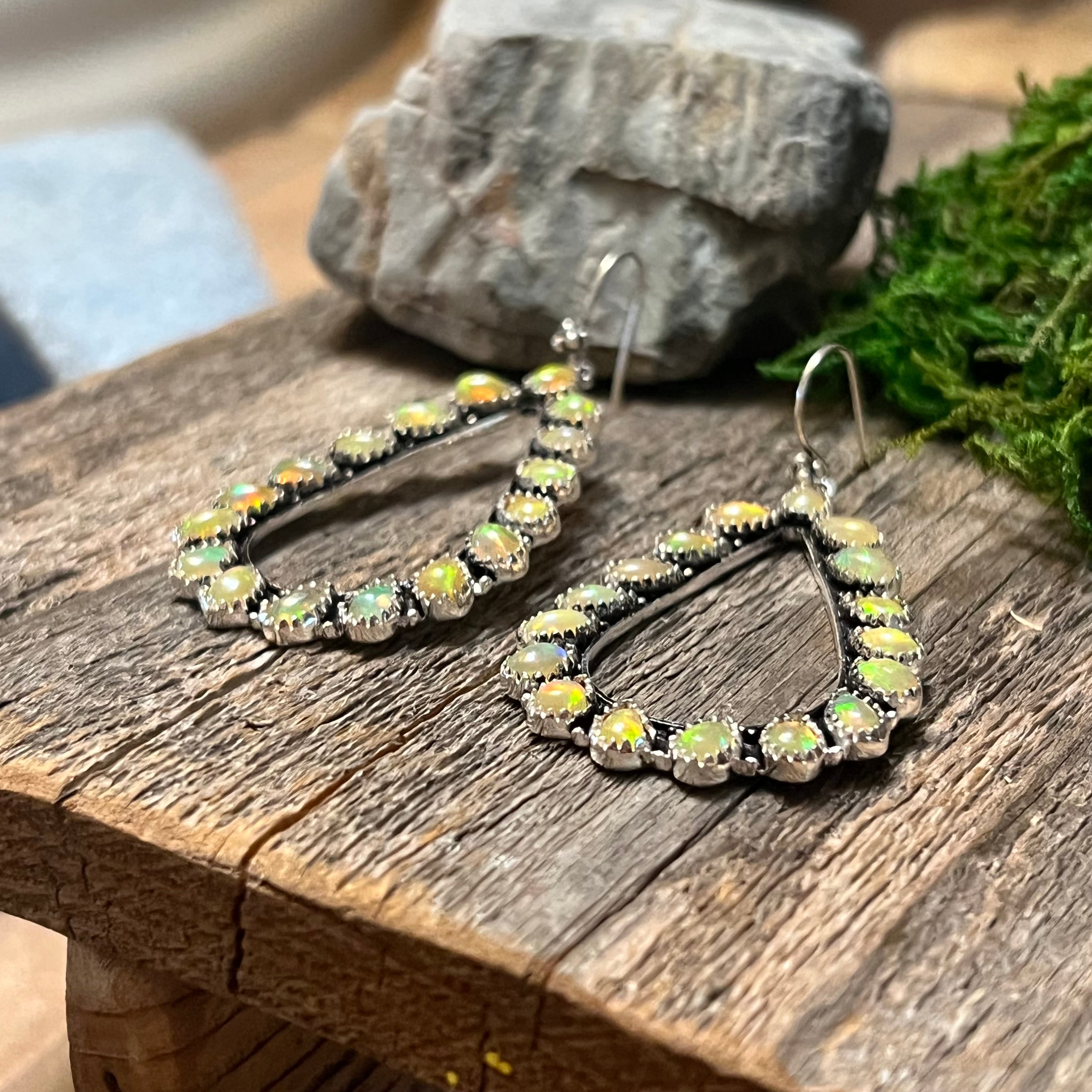 Handmade Sterling Silver & Orange Opal, Tear Drop-Cluster Wire Earrings