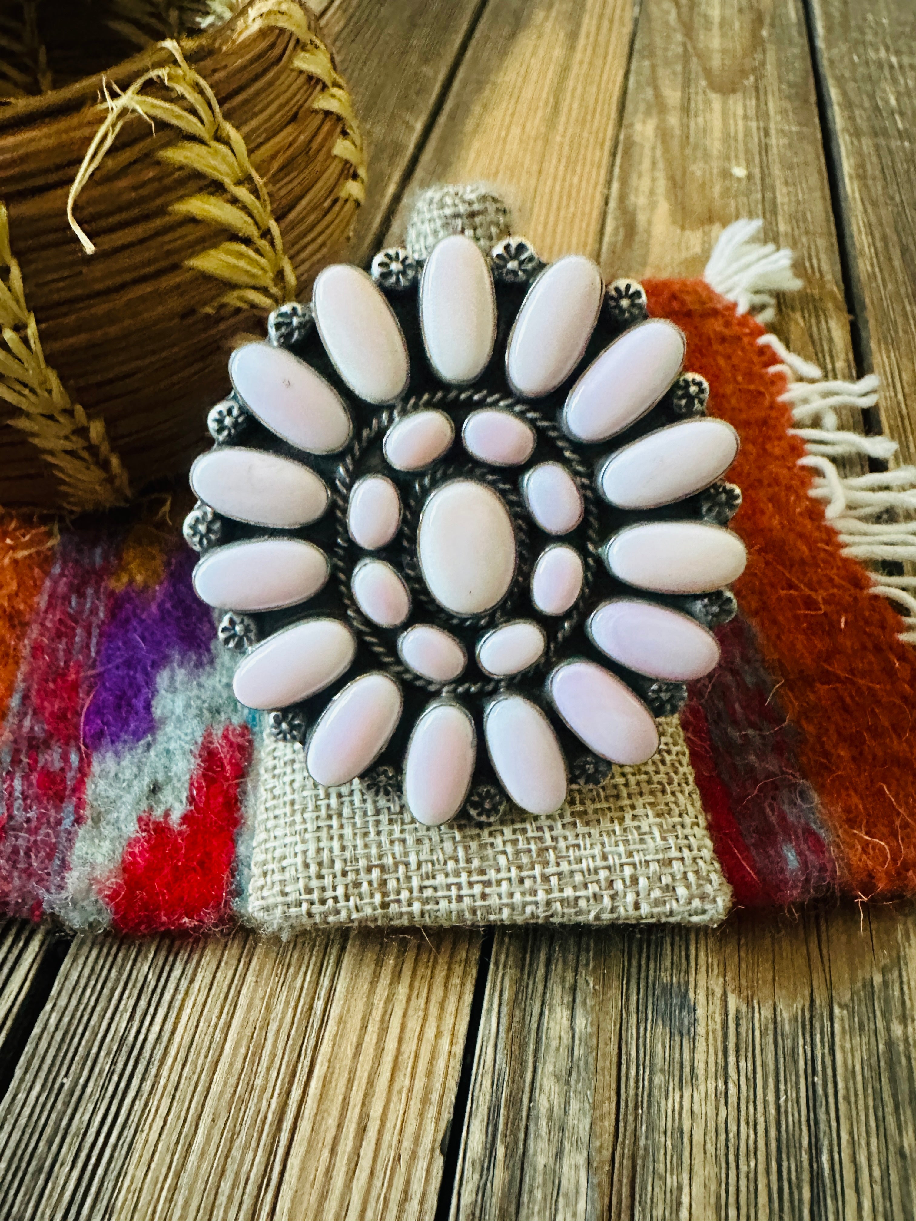 Handcrafted Queen Pink Conch & Sterling Silver Adjustable Cluster Ring