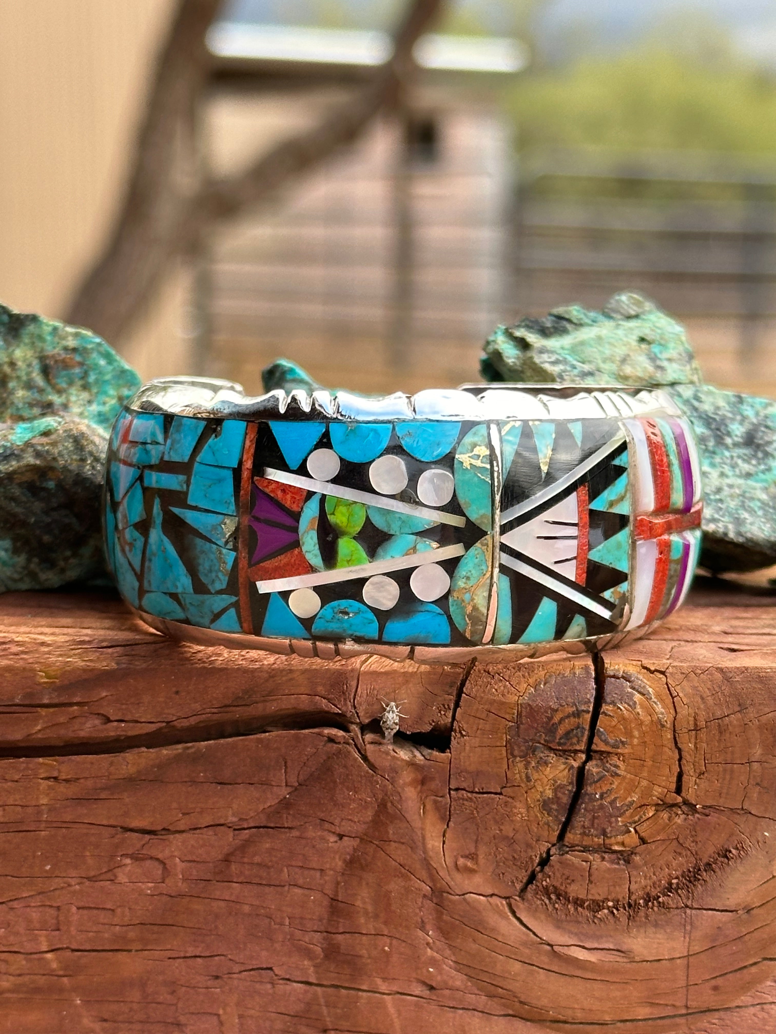 Handmade Sterling Silver Multi Stone Mosaic  Inlay Cuff