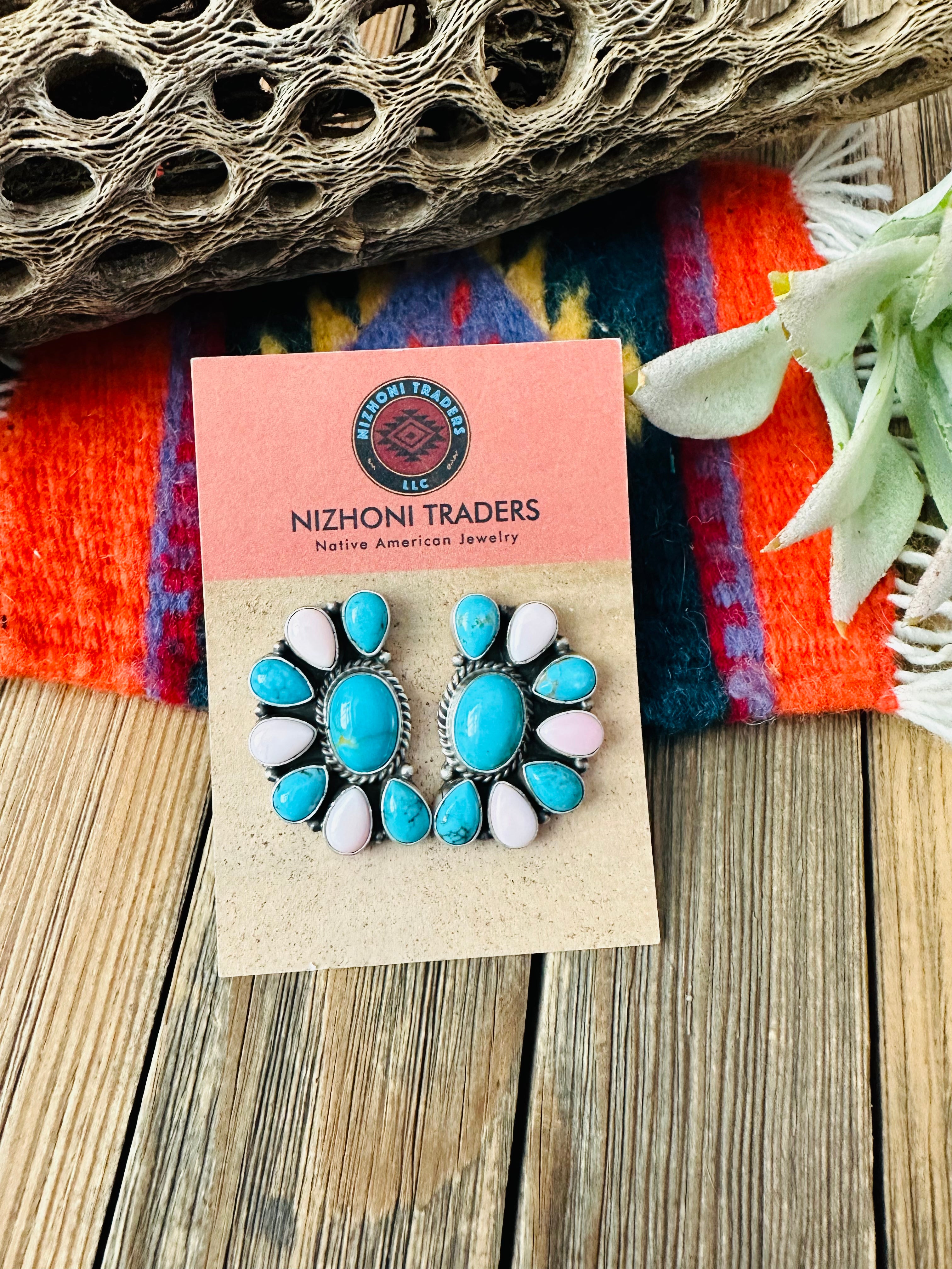 Navajo Turquoise, Queen Pink Conch & Sterling Silver Cluster Stud Earrings