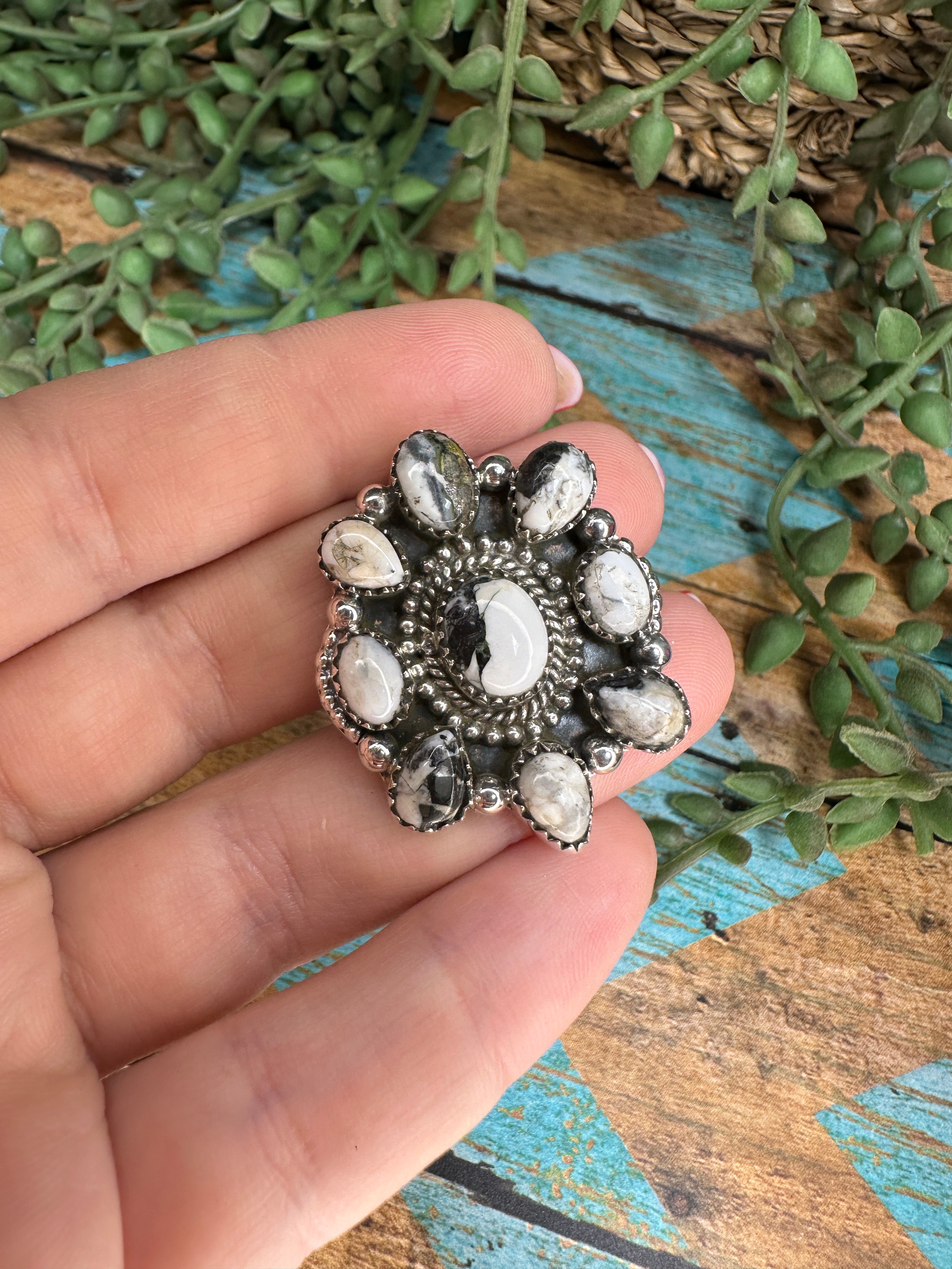 Beautiful Handmade White Buffalo And Sterling Silver Adjustable Cluster Ring