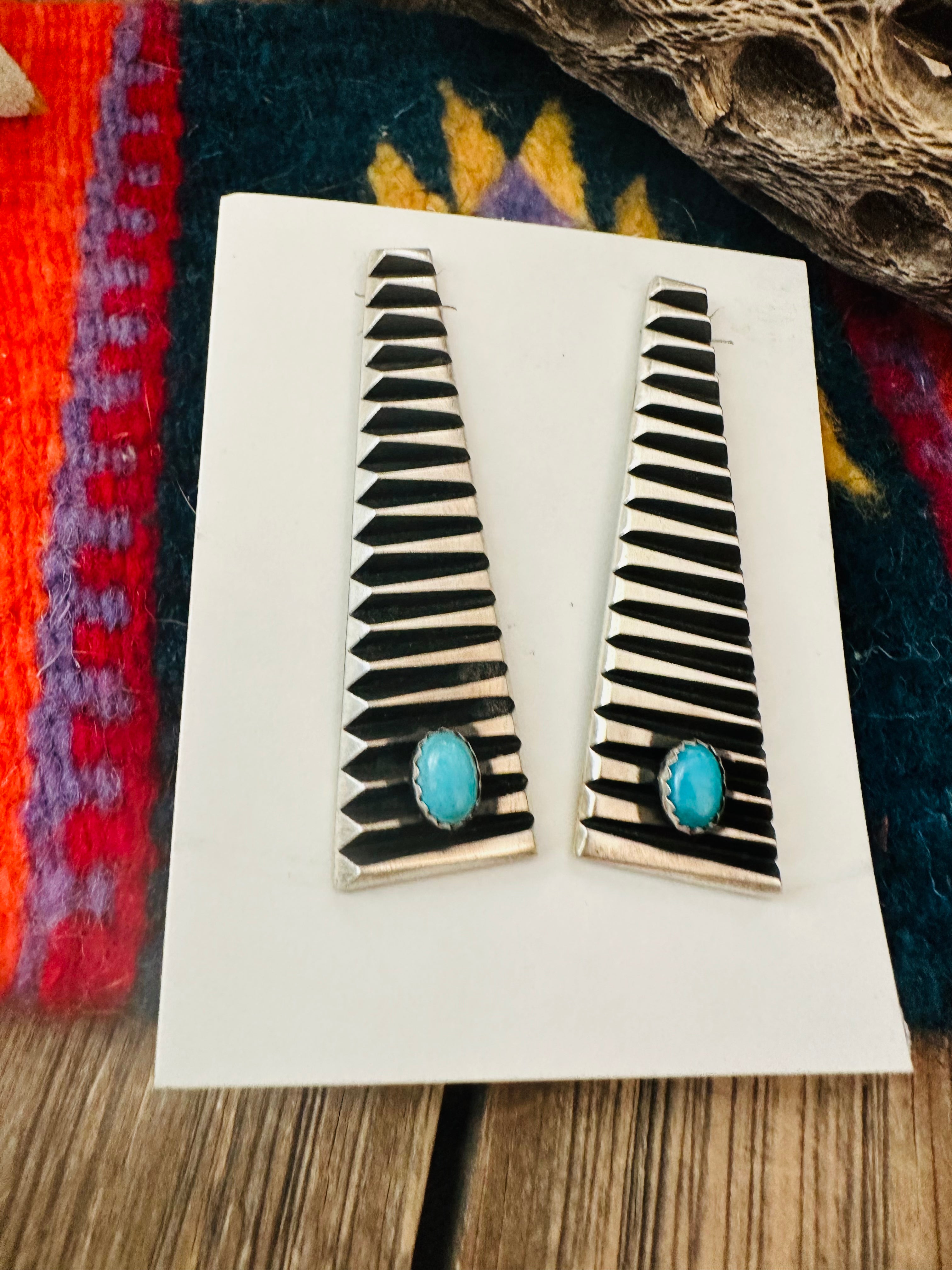 Navajo Turquoise & Sterling Silver Dangle Earrings By Leander Tahe