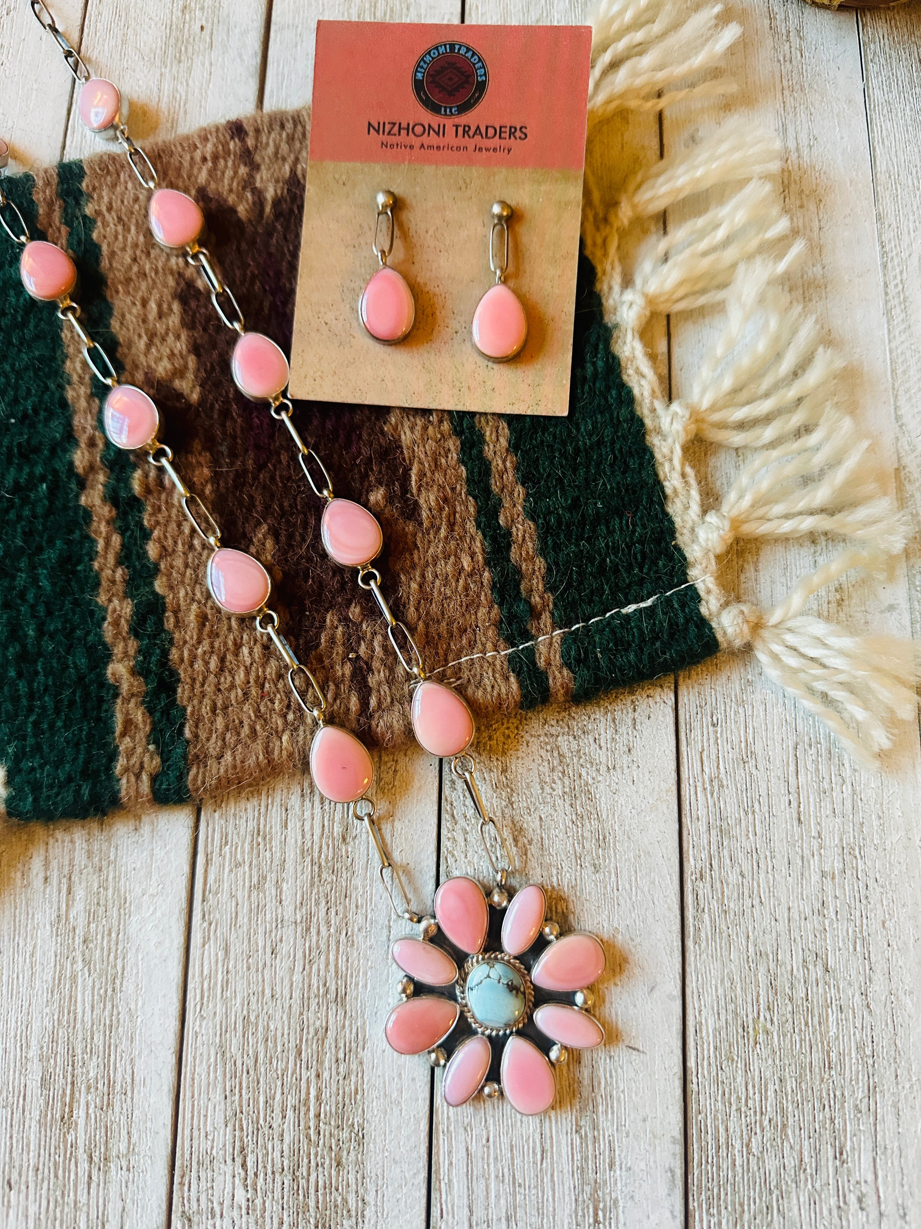 Navajo Queen Pink Conch, Turquoise & Sterling Silver Cluster Necklace Set