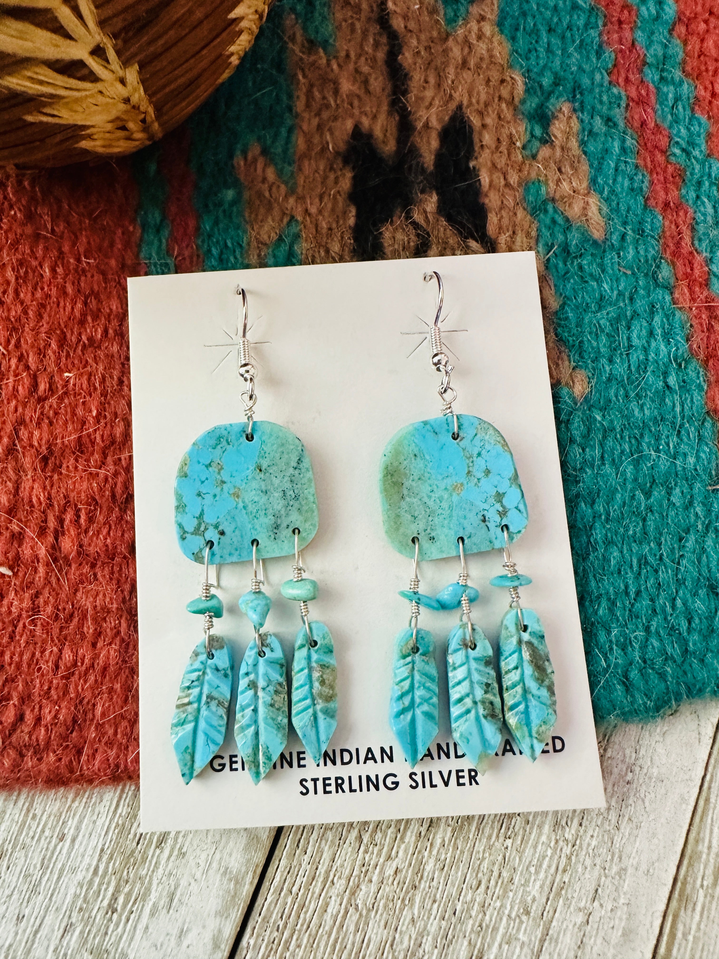 Handcrafted Turquoise & Sterling Silver Slab Dreamcatcher Dangle Earrings