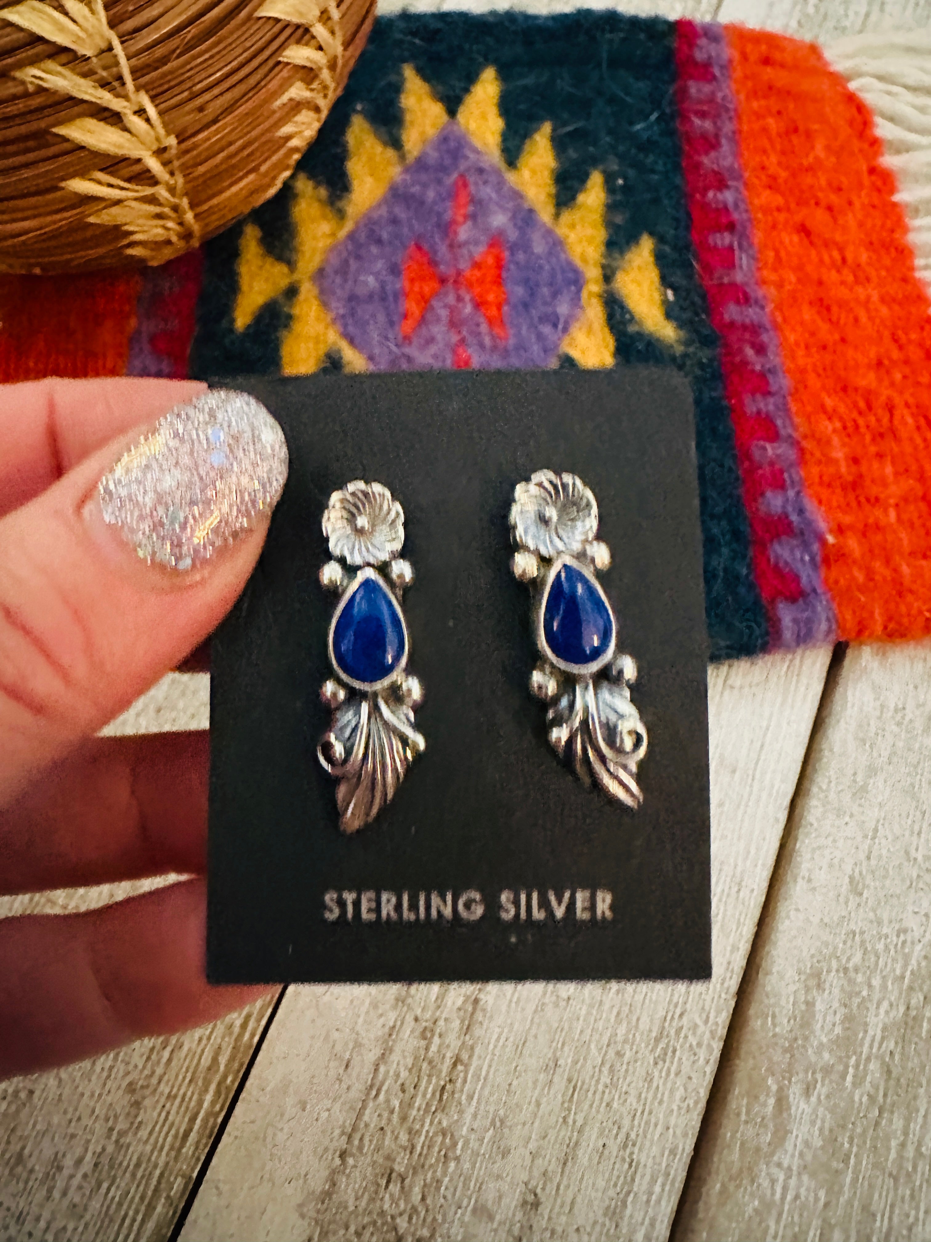 Navajo Lapis and Sterling Silver Flower Dangle Earrings