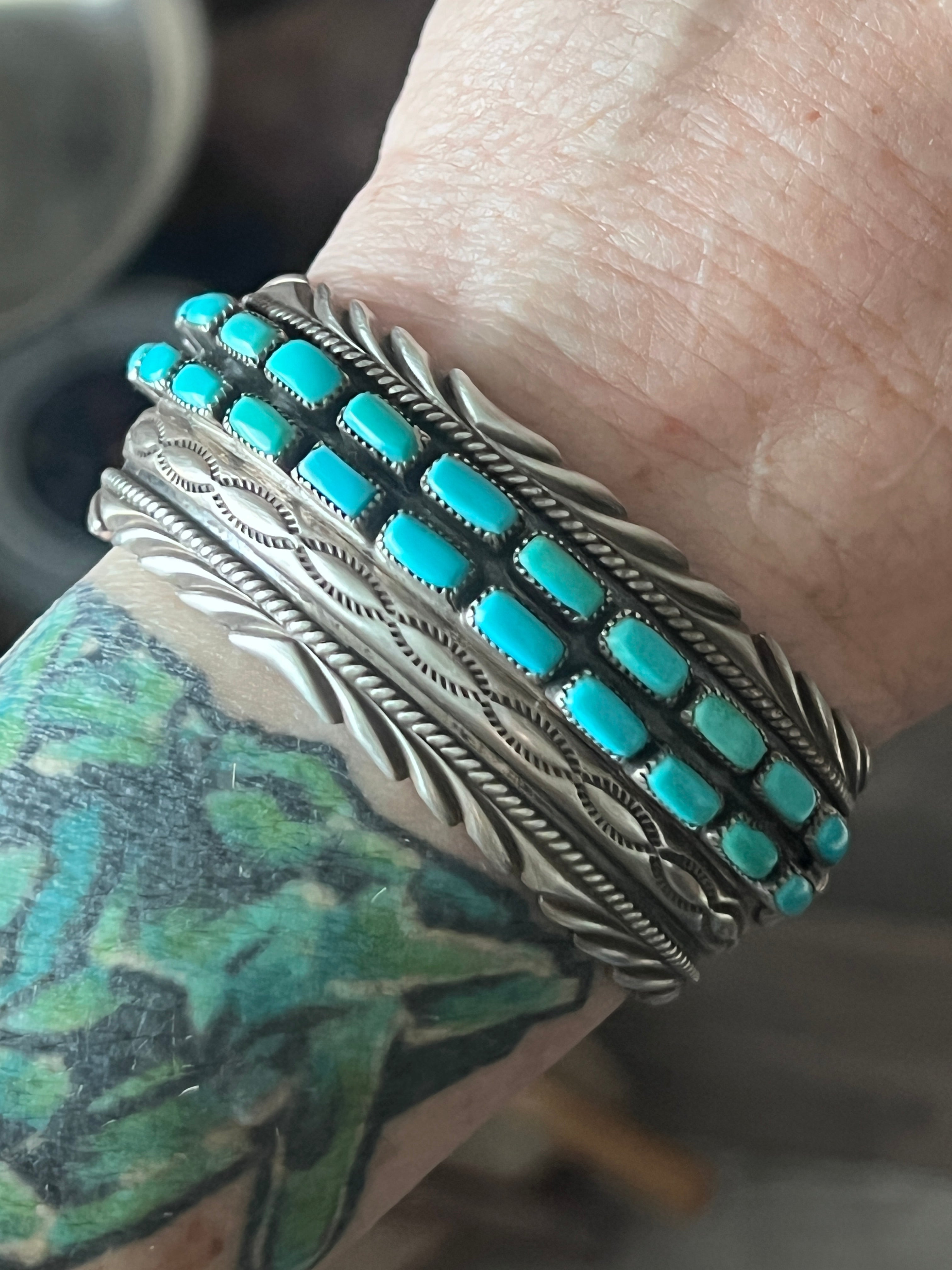 Vintage Sterling Silver and Kingman Turquoise Row Cuff by James Martin