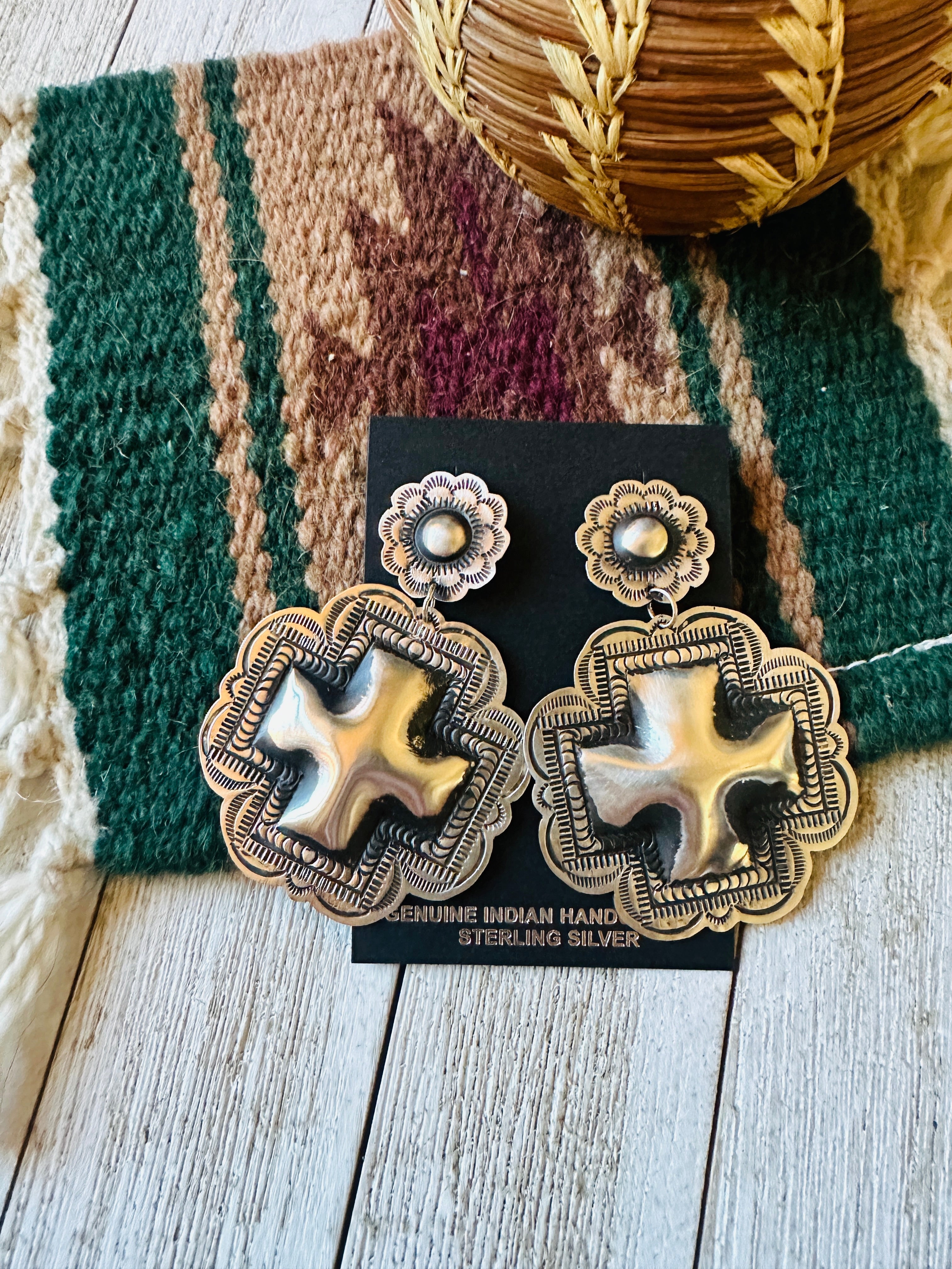 Navajo Hand Stamped Sterling Silver Concho Cross Dangle Earrings by Leander Tahe