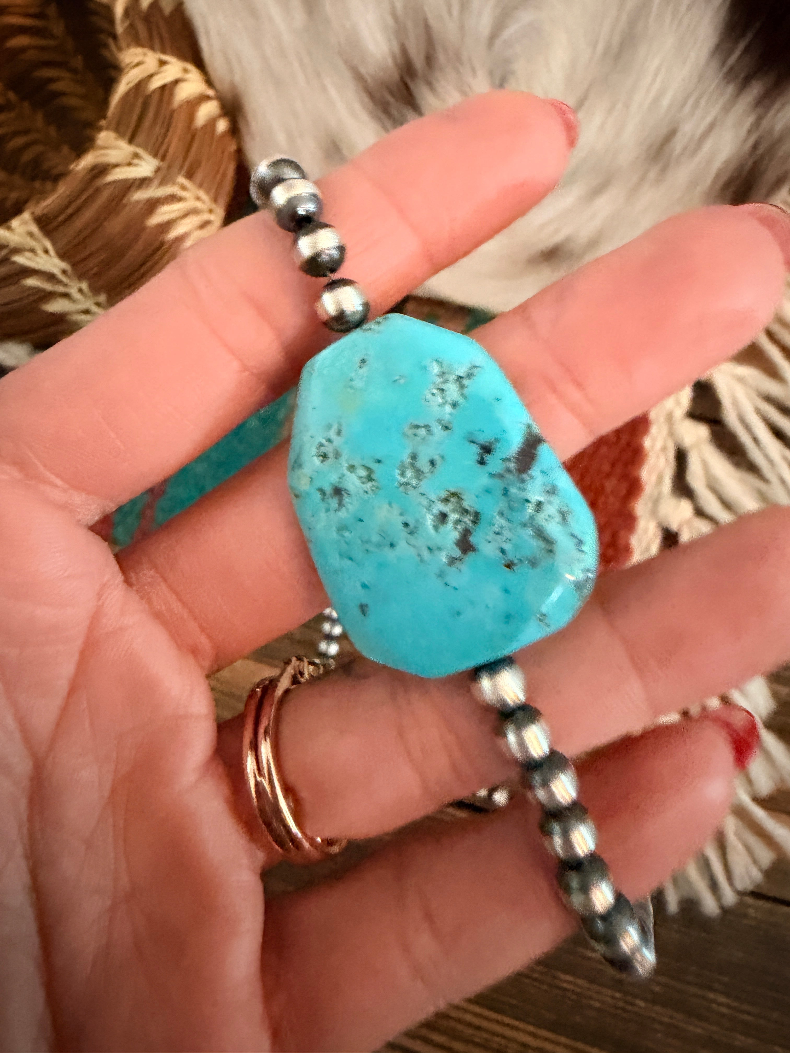 Handcrafted Kingman Turquoise & Sterling Silver Pearl 16” Beaded Necklace