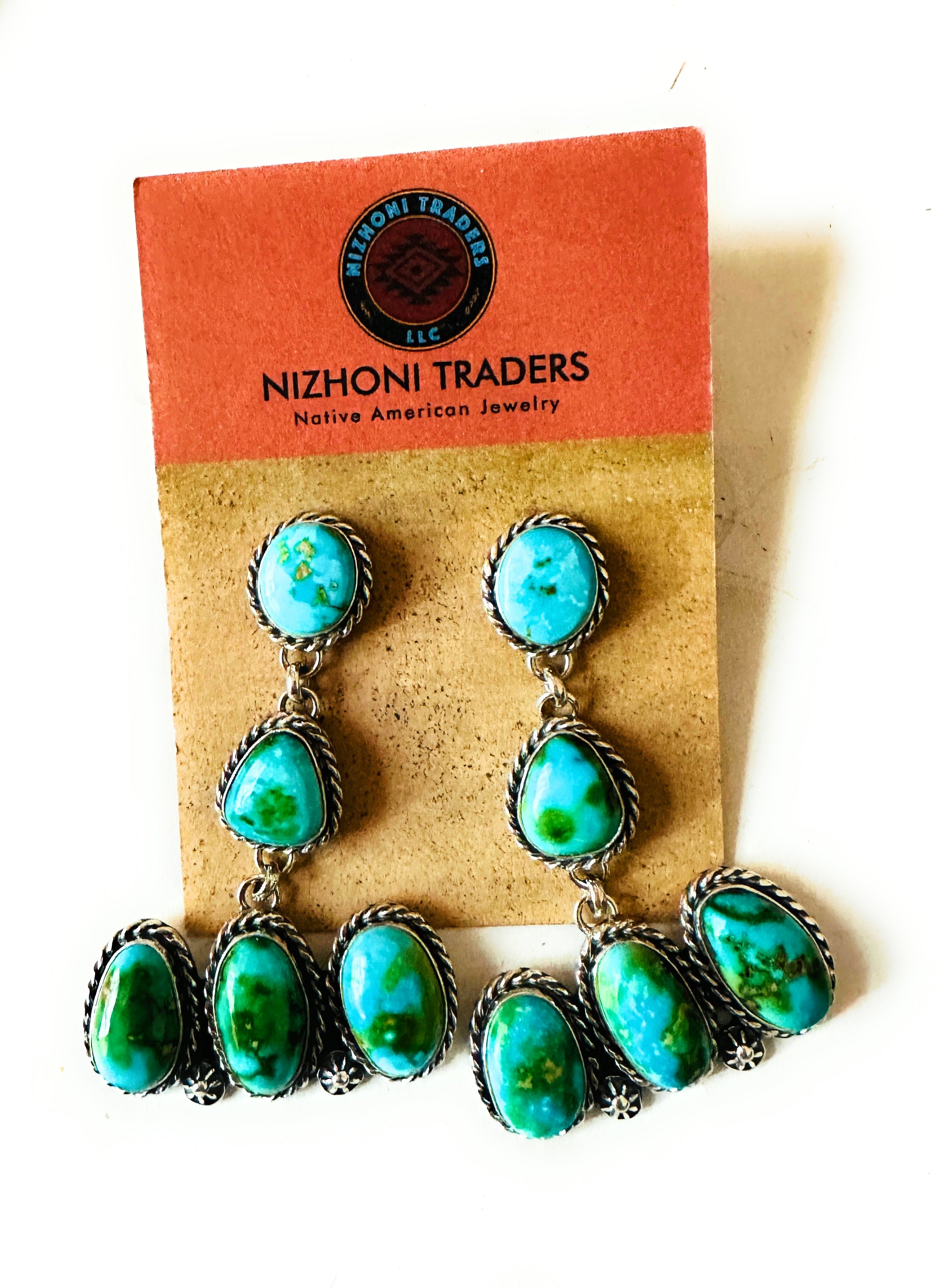 Navajo Sonoran Mountain Turquoise & Sterling Silver Dangle Earrings