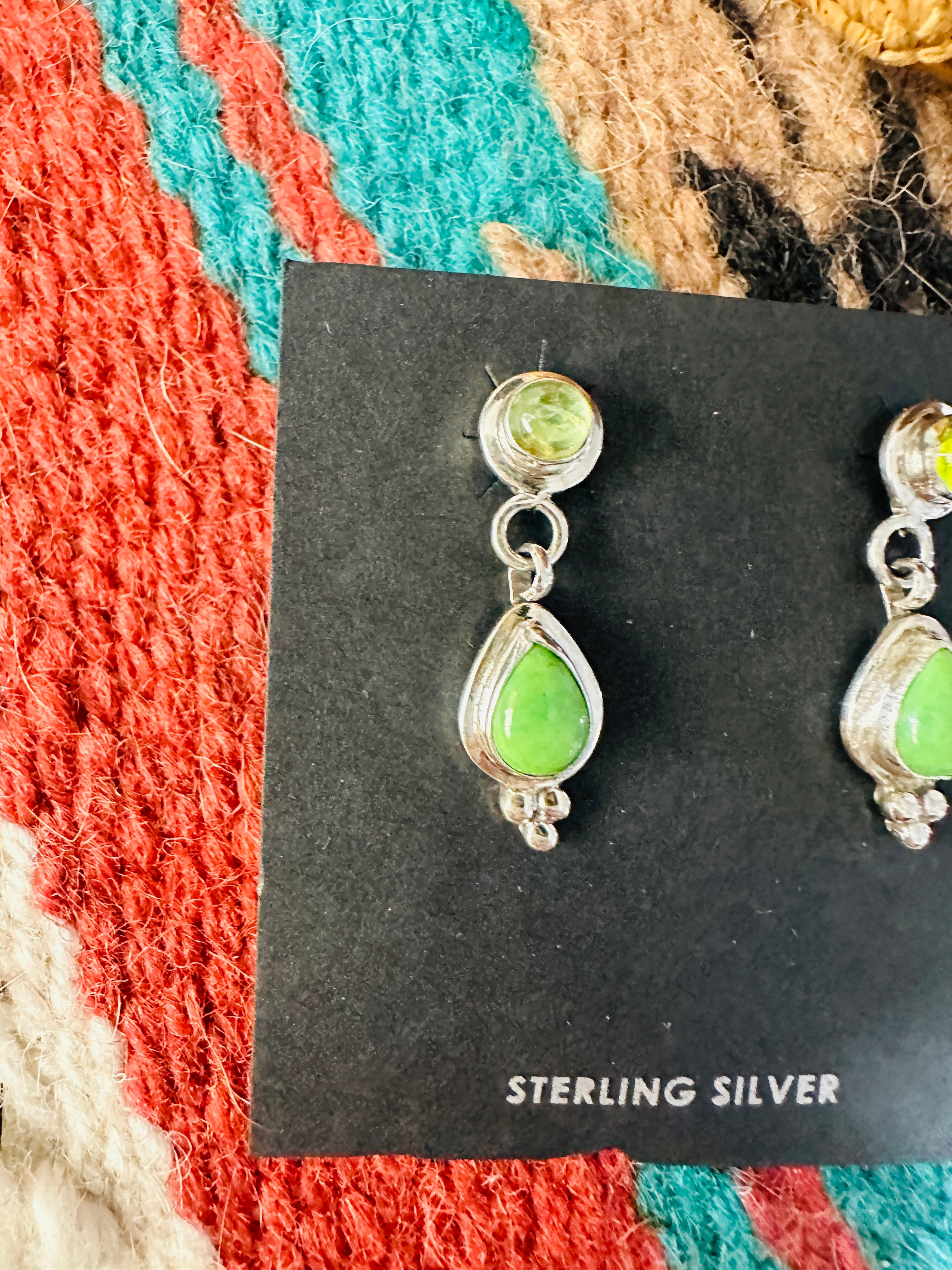 Navajo Gaspeite, Garner & Sterling Silver Dangle Earrings