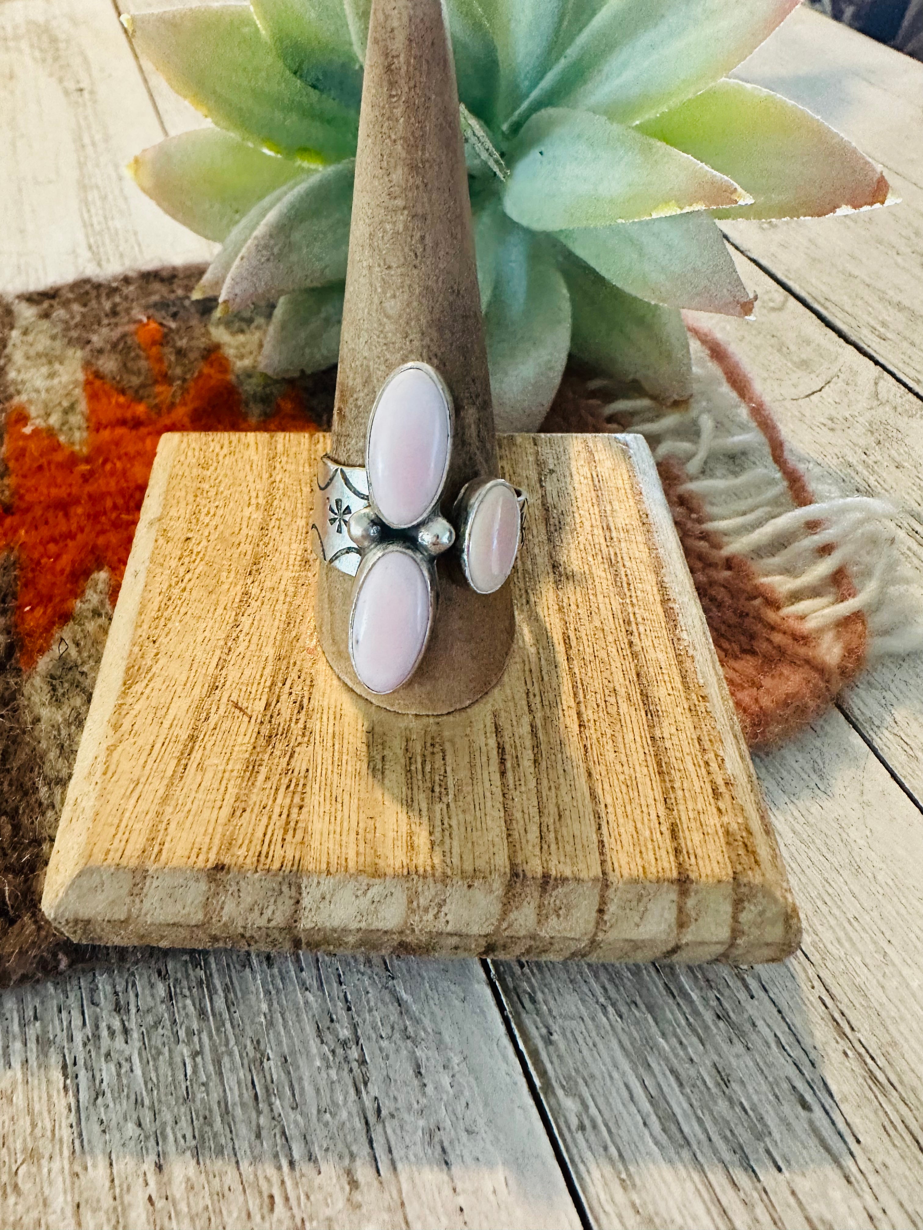 Navajo Sterling Silver and Queen Pink Conch Shell Adjustable Ring