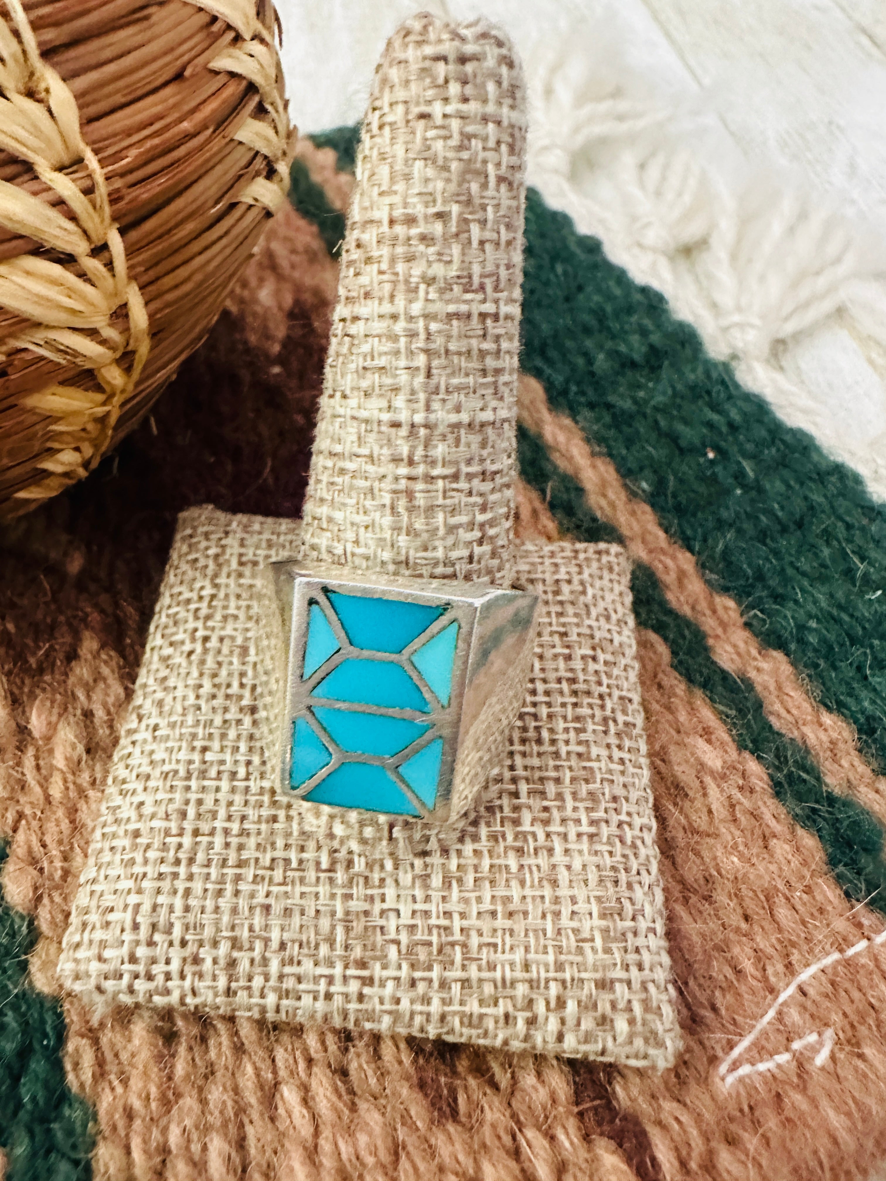 Old Pawn Handcrafted Turquoise & Sterling Silver Inlay Ring Size 12.75