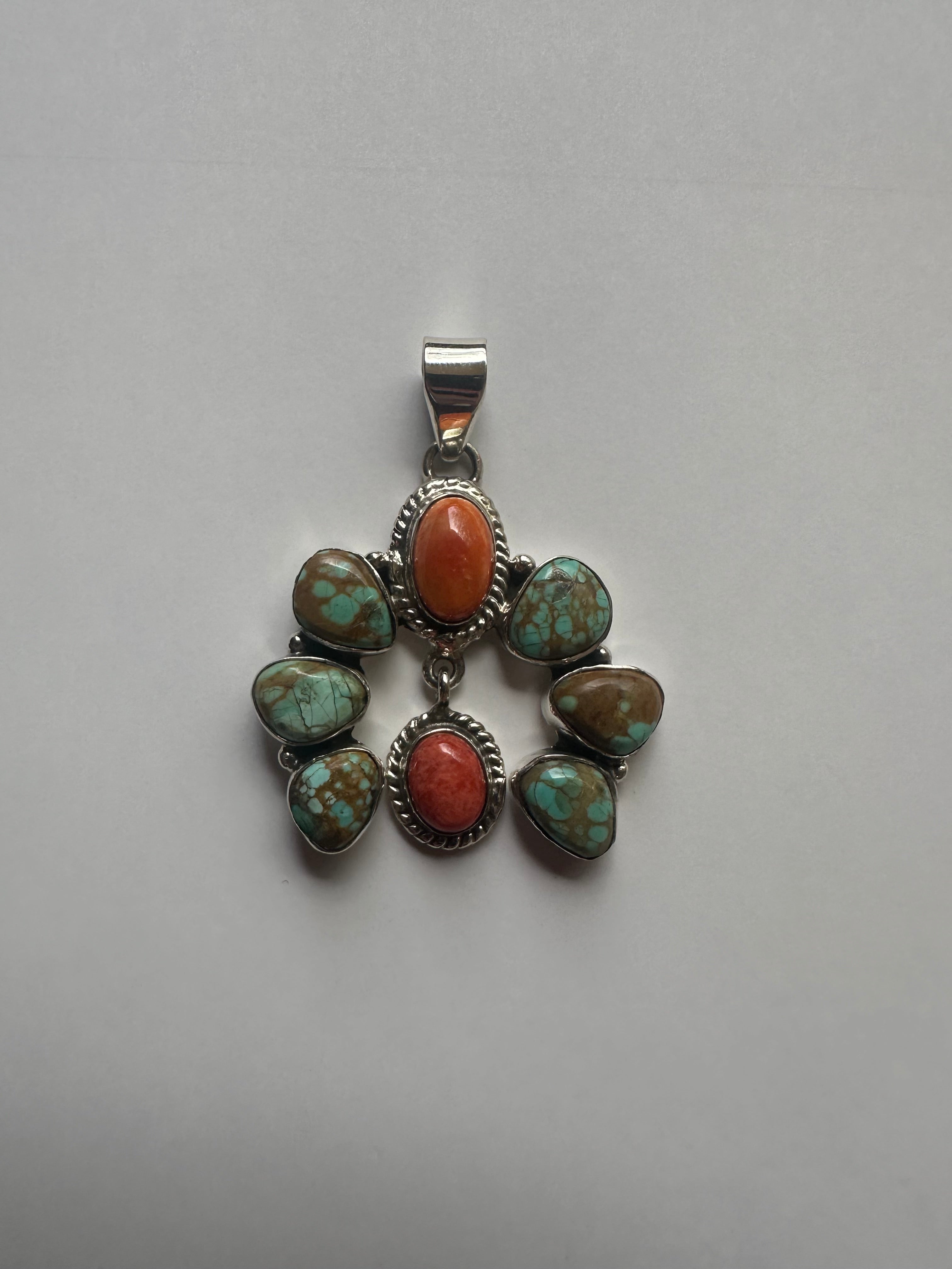 Handmade Turquoise, Orange & Red Spiny & Sterling Silver Naja Pendant Signed Nizhoni