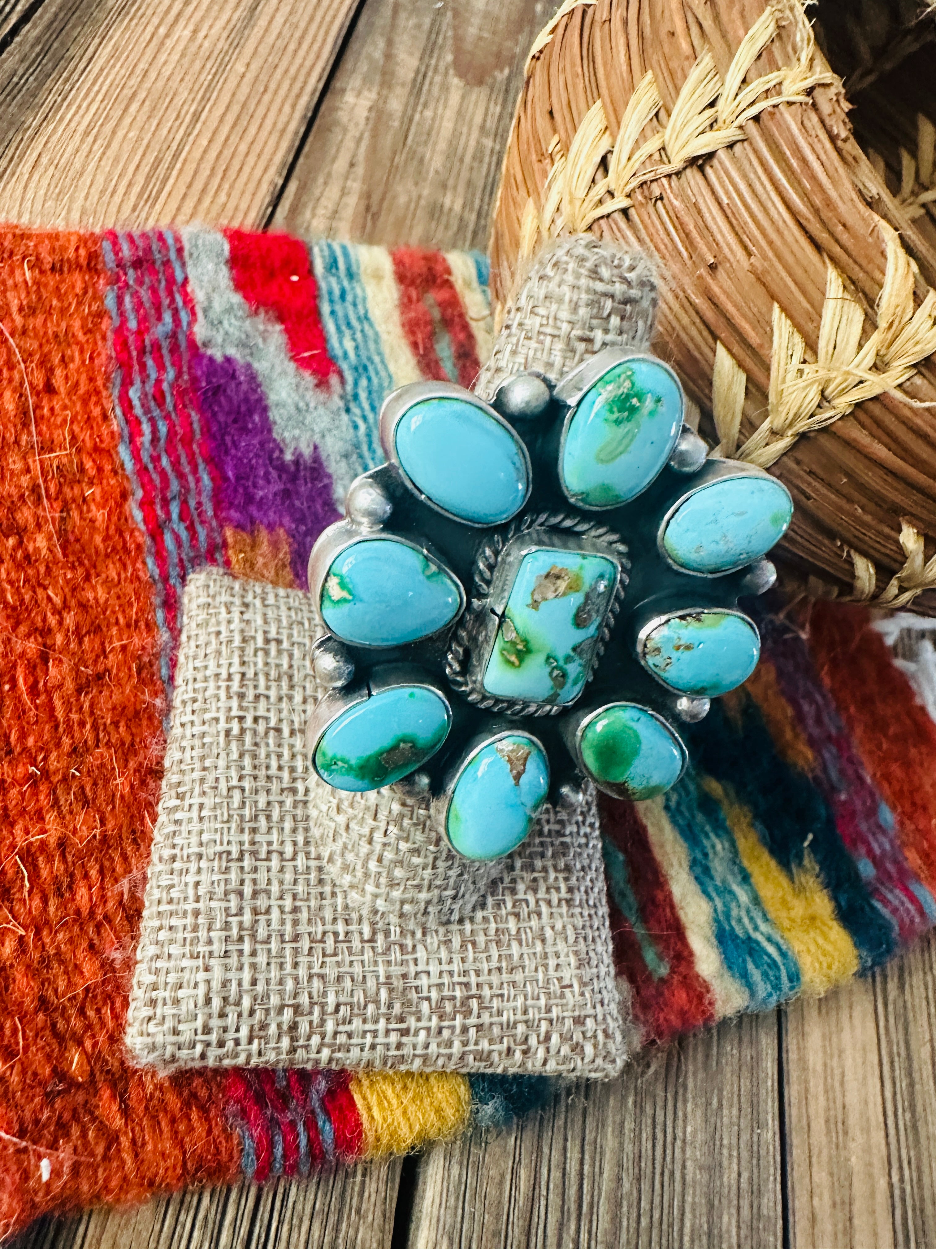 Handcrafted Sonoran Mountain Turquoise & Sterling Silver Adjustable Cluster Ring