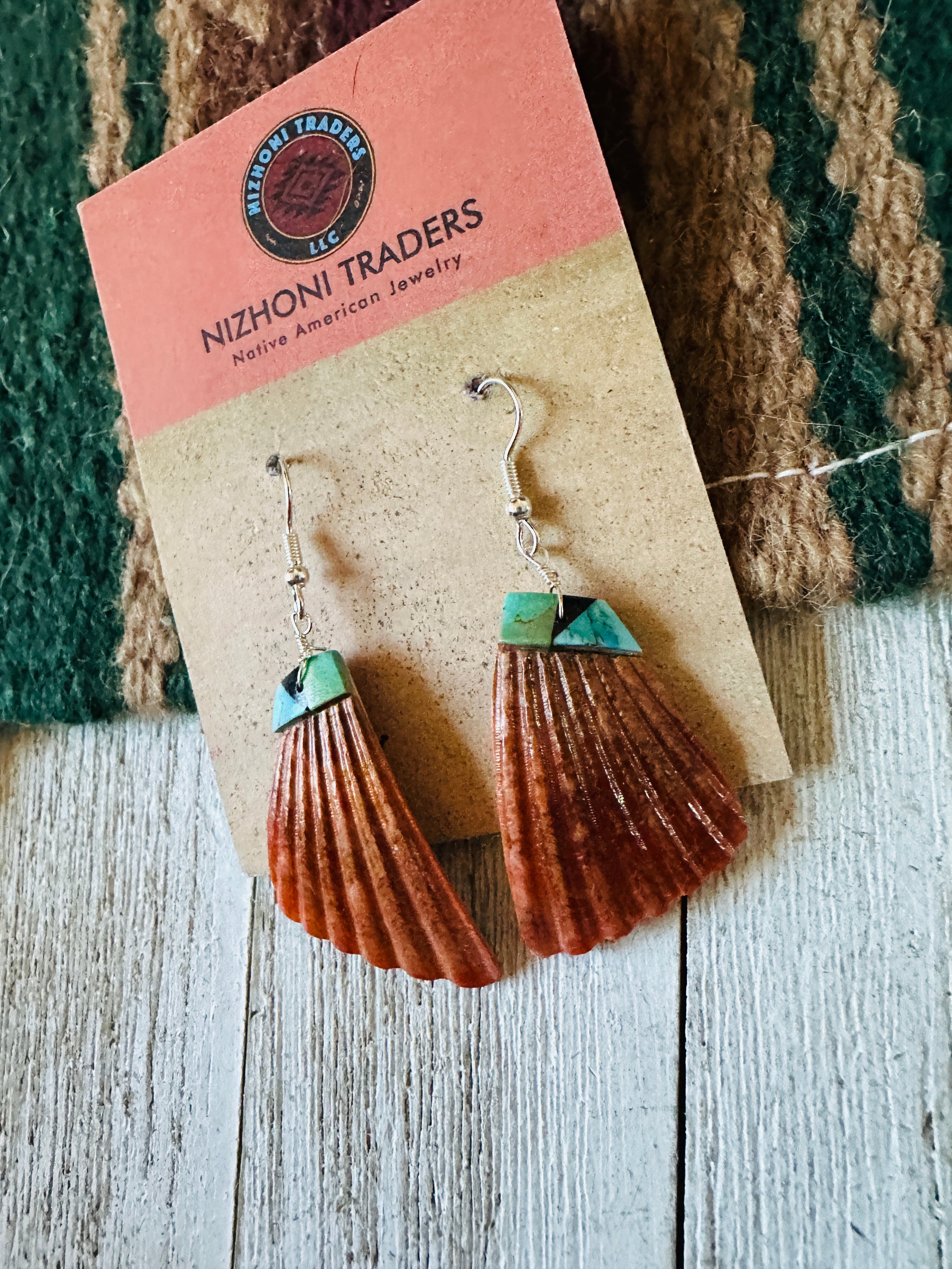 Santo Domingo Shell & Turquoise Feather Dangle Earrings