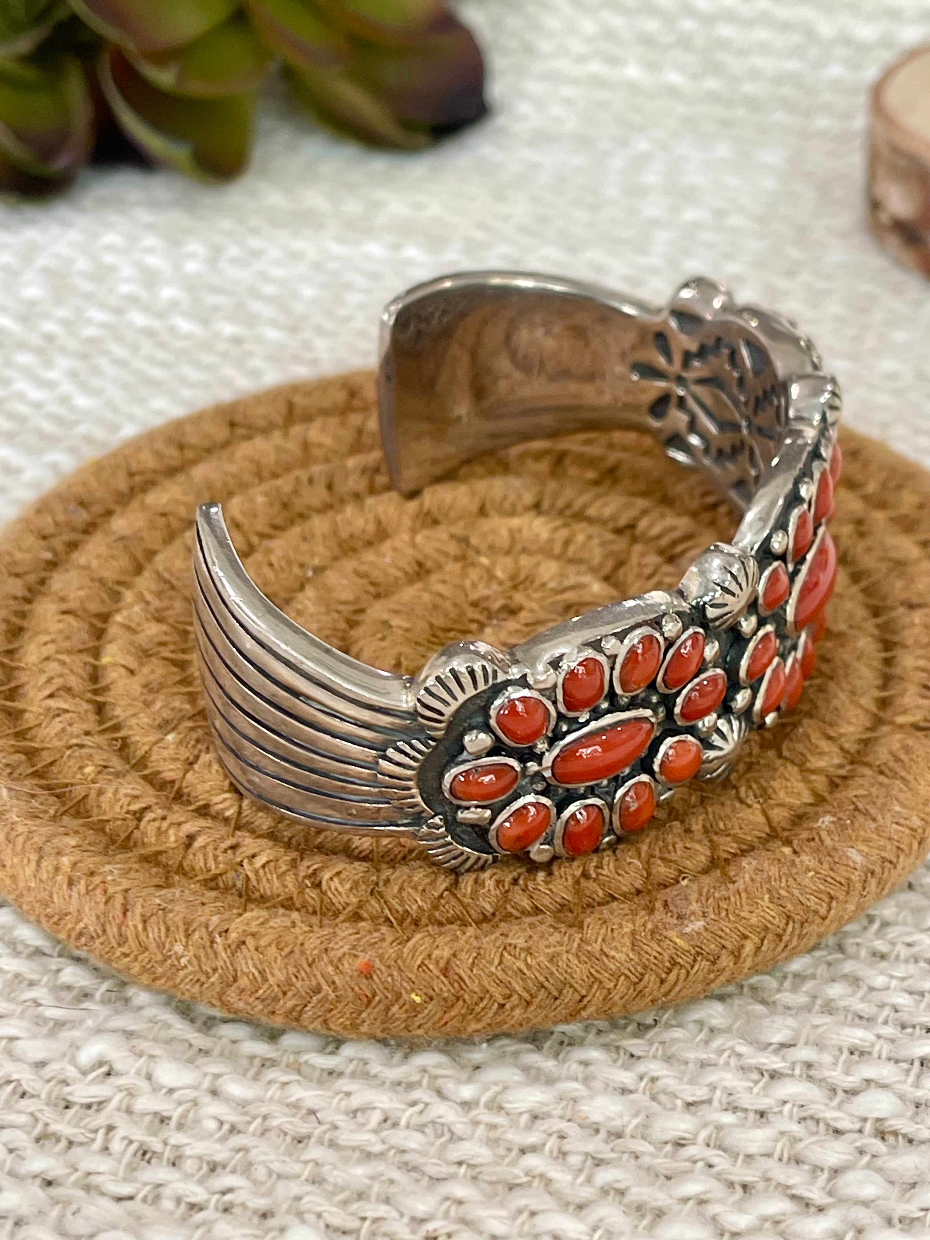 Handmade Coral & Sterling Silver Cluster Cuff Bracelet /