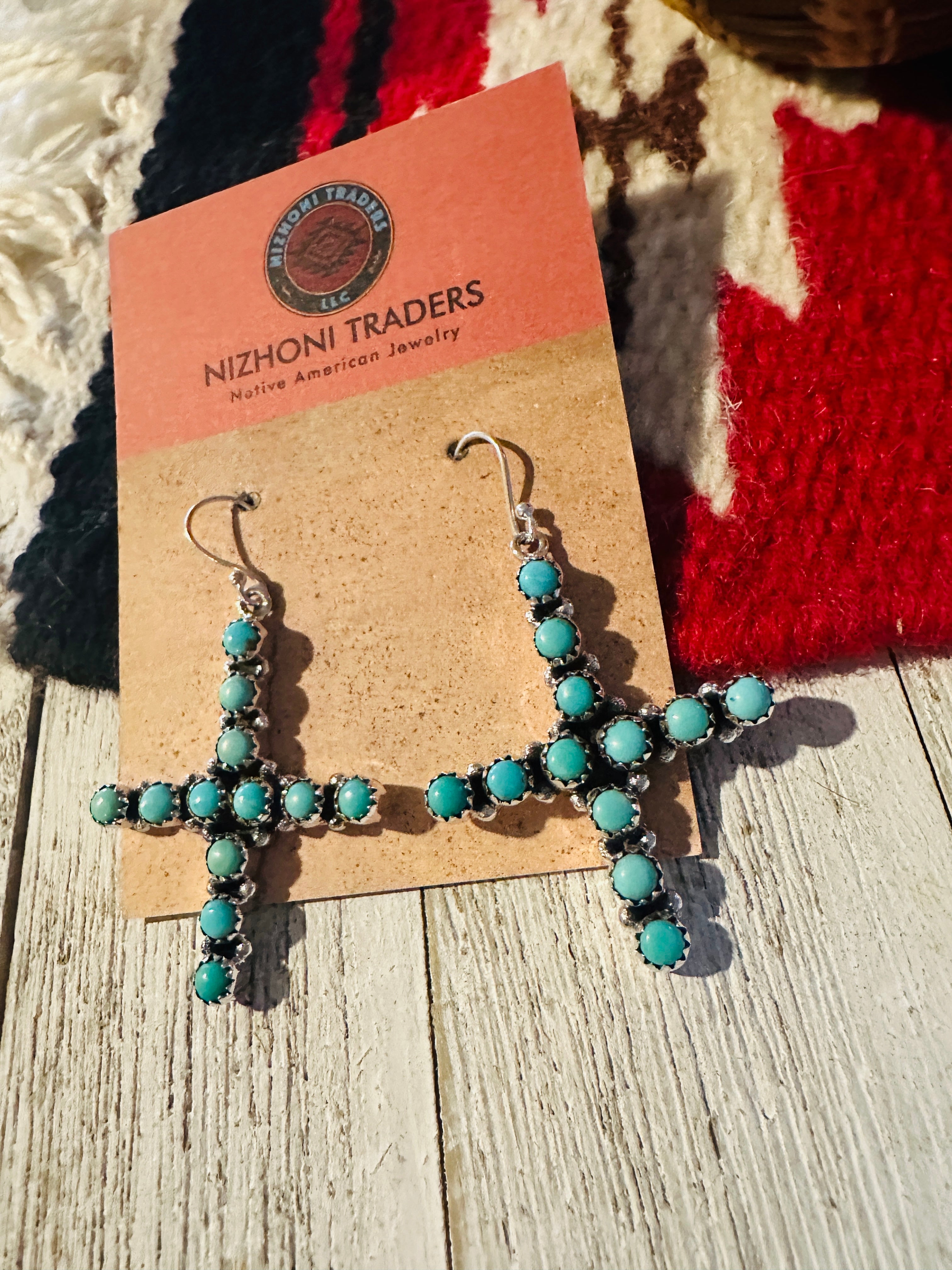 Handmade Turquoise & Sterling Silver Cross Wire Dangle Earrings Signed Nizhoni