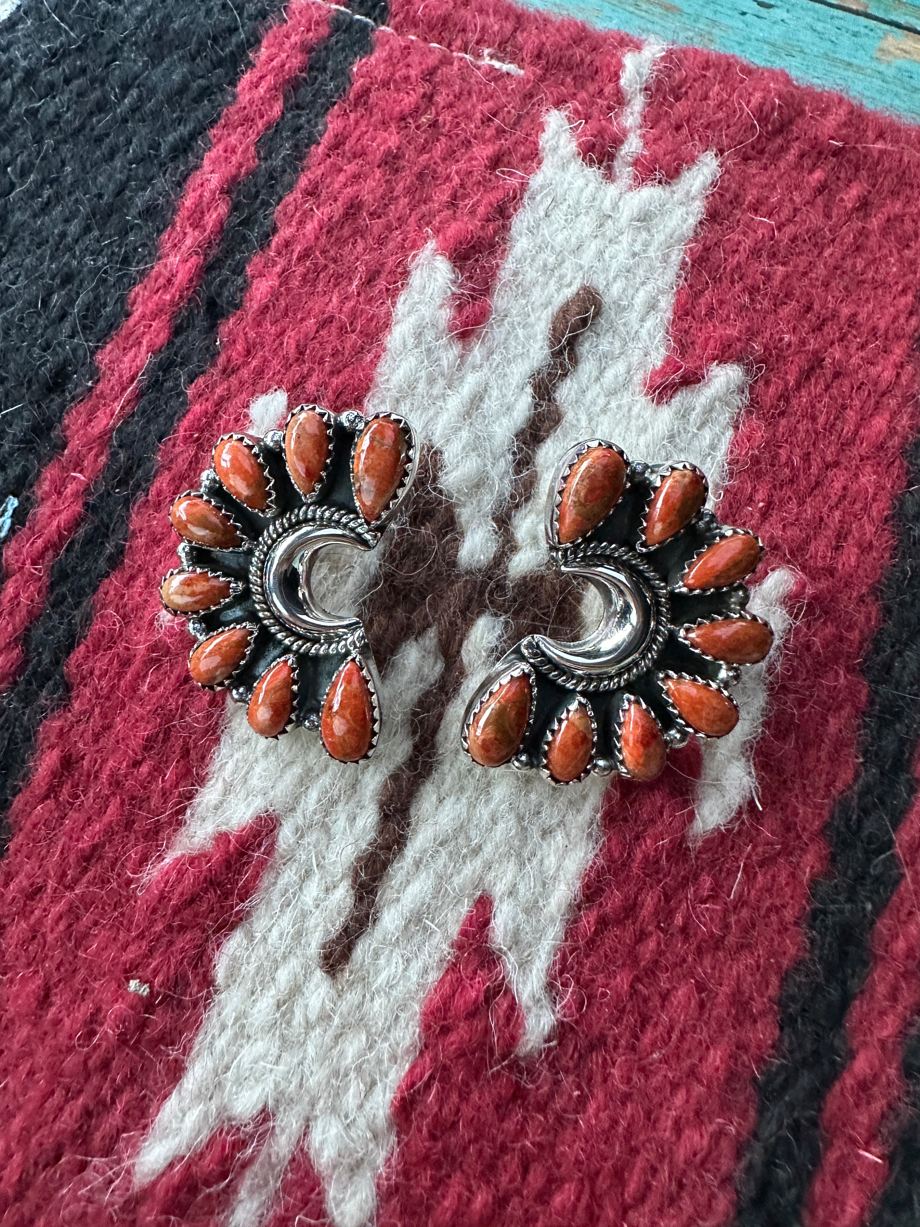 Handmade Sterling Silver & Orange Mojave Crescent Post Earrings Signed Nizhoni