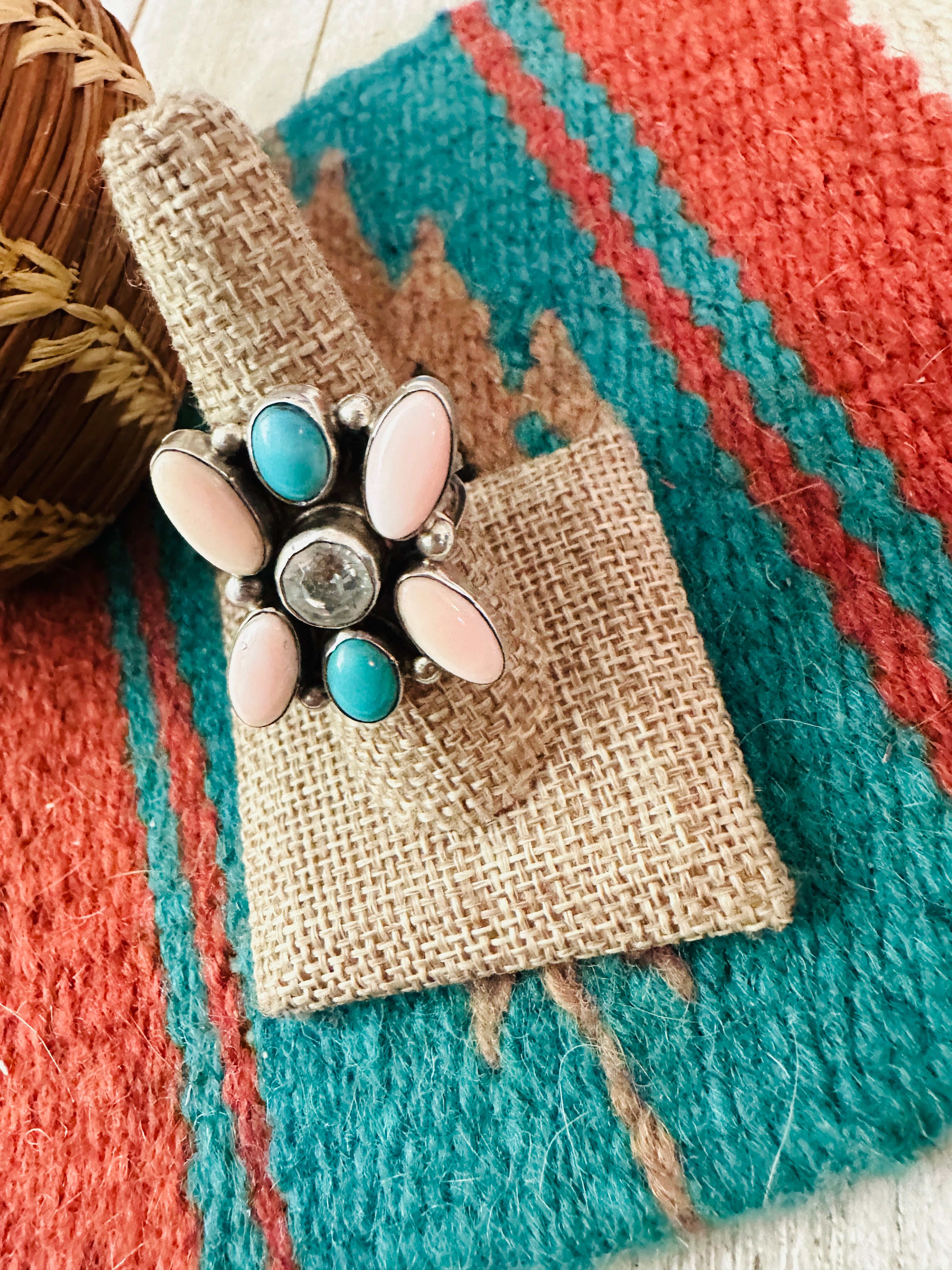 Handcrafted Queen Pink Conch, Turquoise & Sterling Silver Adjustable Ring by Jacqueline Silver