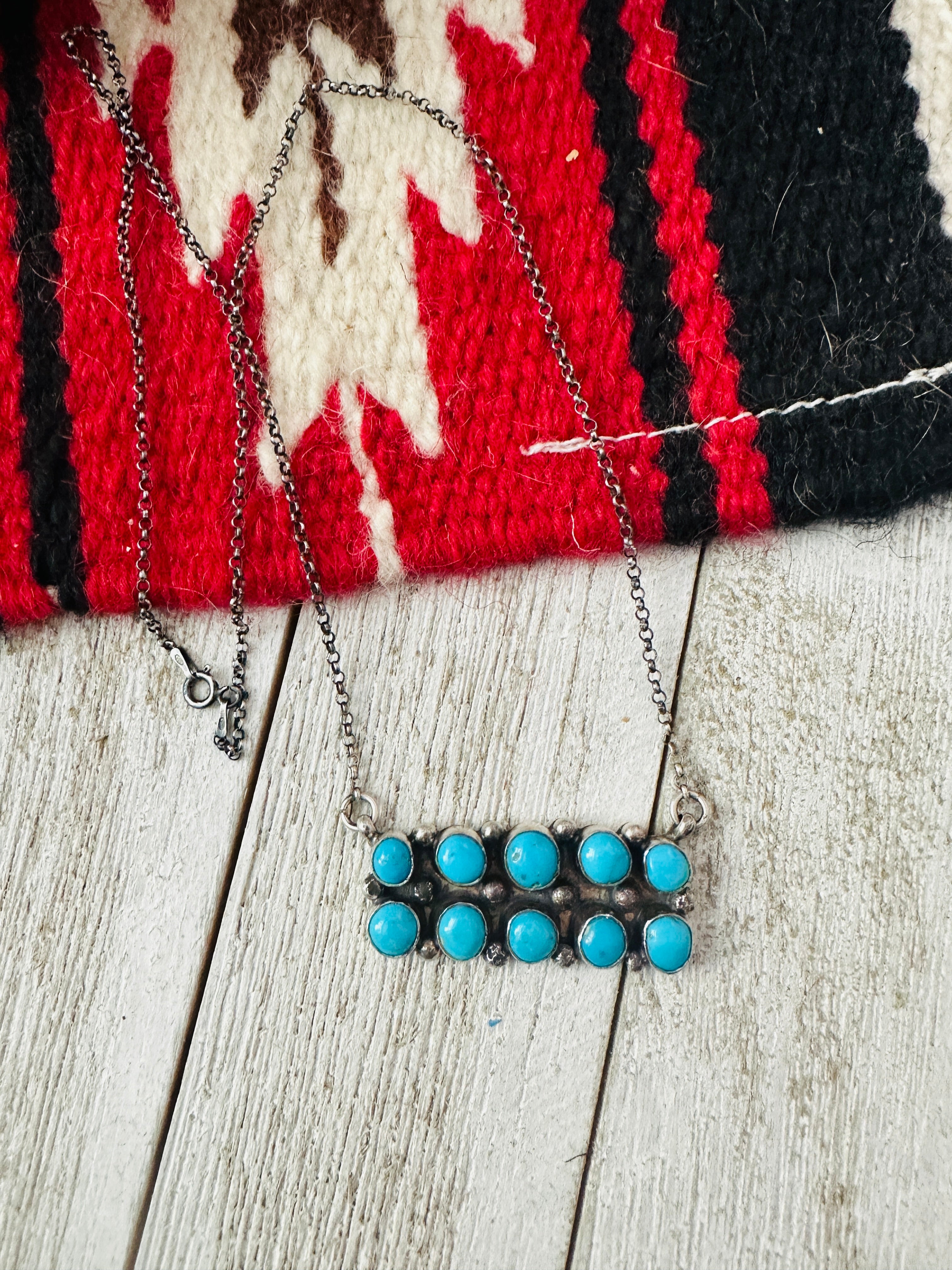 Navajo Sterling Silver & Turquoise Cluster Bar Necklace