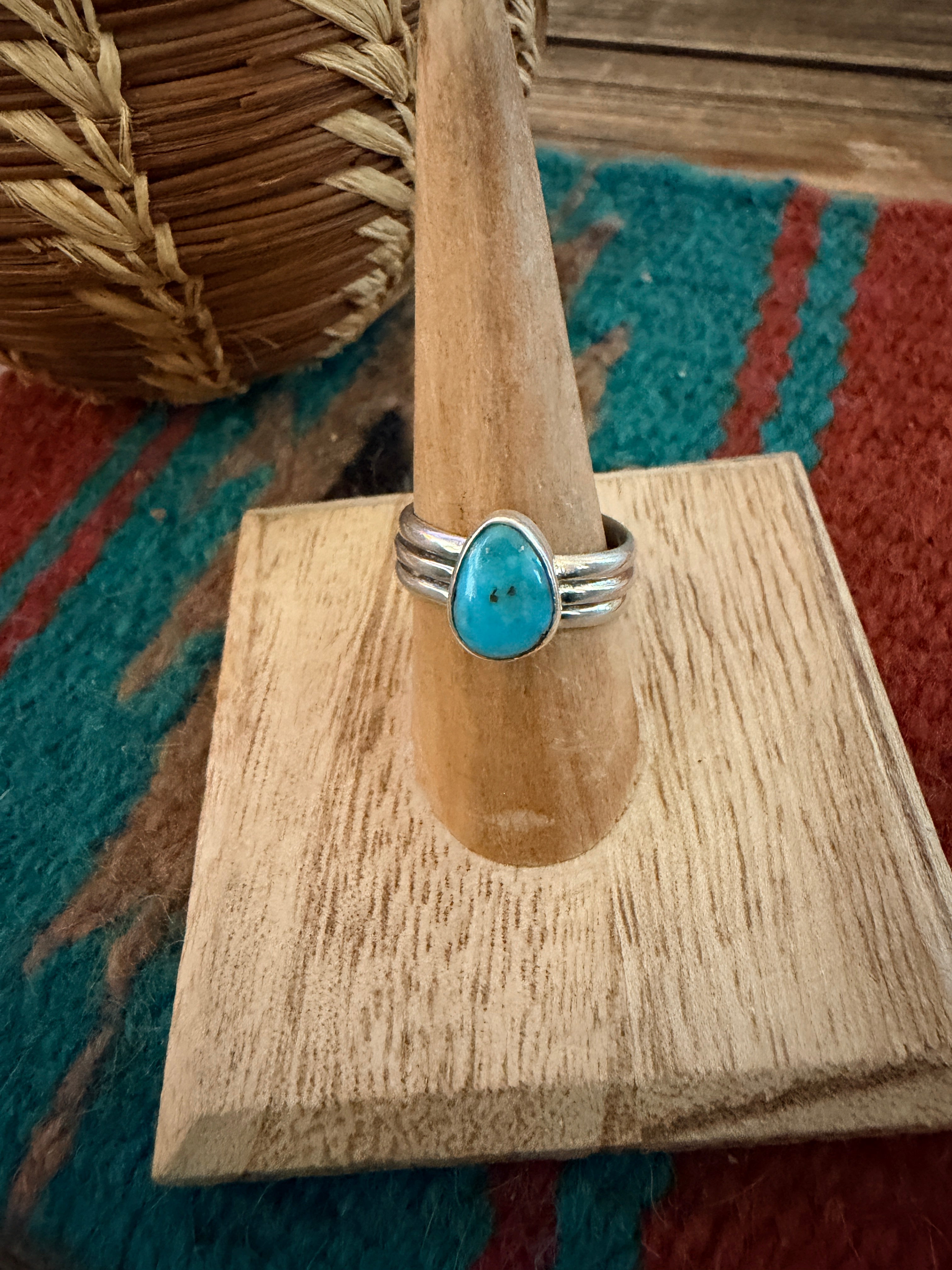 Handcrafted Turquoise & Sterling Silver Band Ring Size 7.5