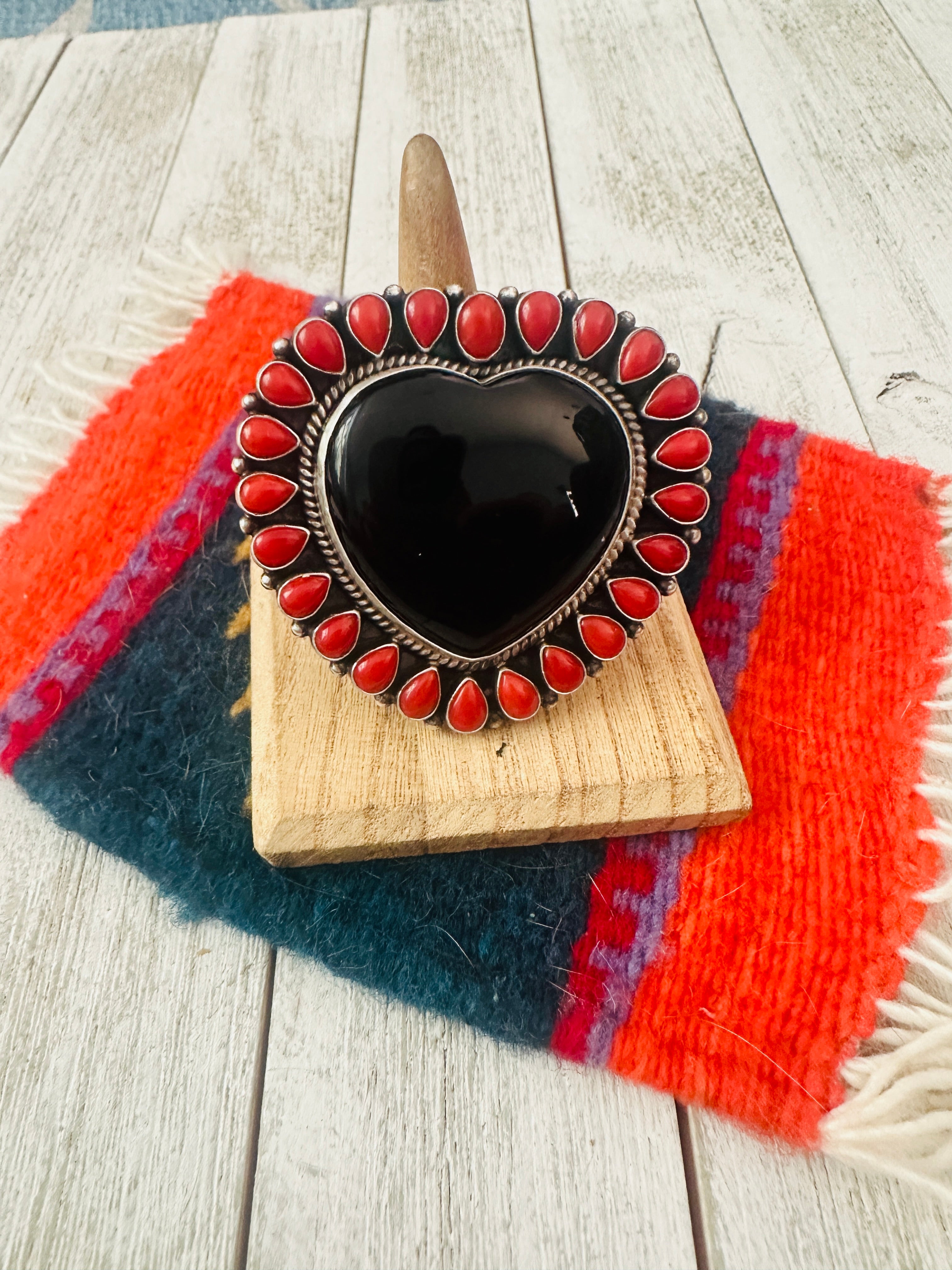 Navajo Sterling Silver, Onyx & Coral Heart Adjustable Ring