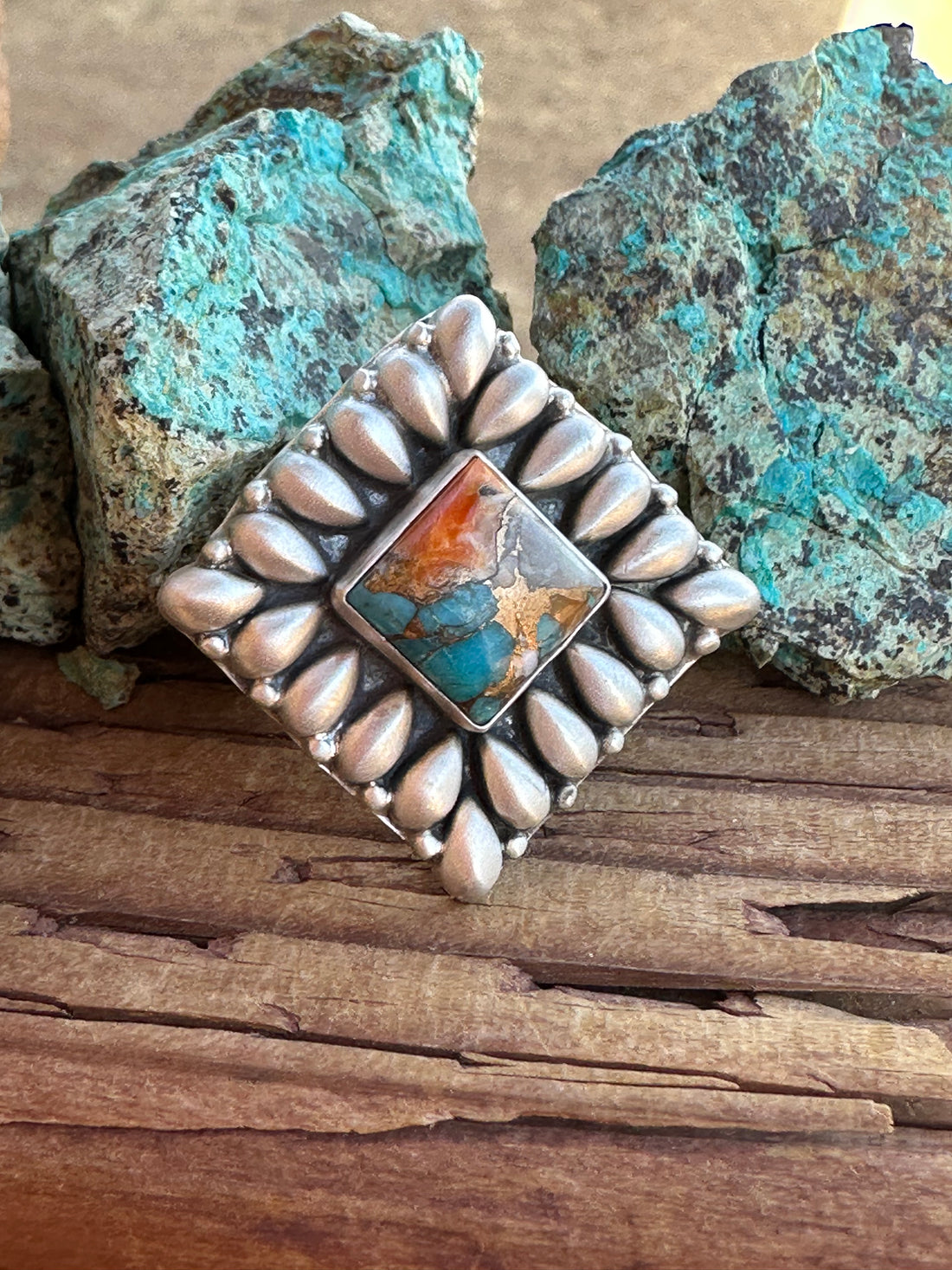 Beautiful Handmade Sterling Silver And Spice Square Adjustable Ring