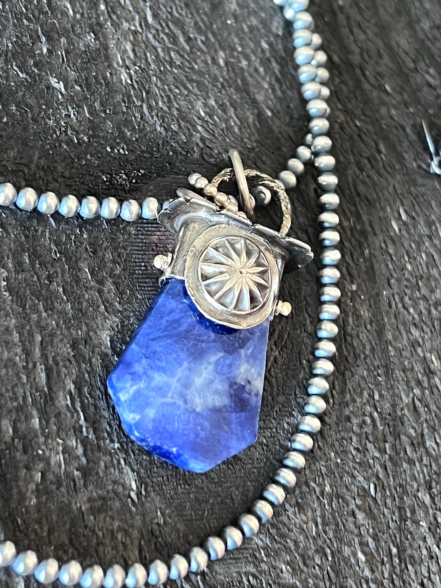 Sterling Silver Gem Collector 30” + 2” Beaded Necklace w/ Sodalite & Dandelion Pendant