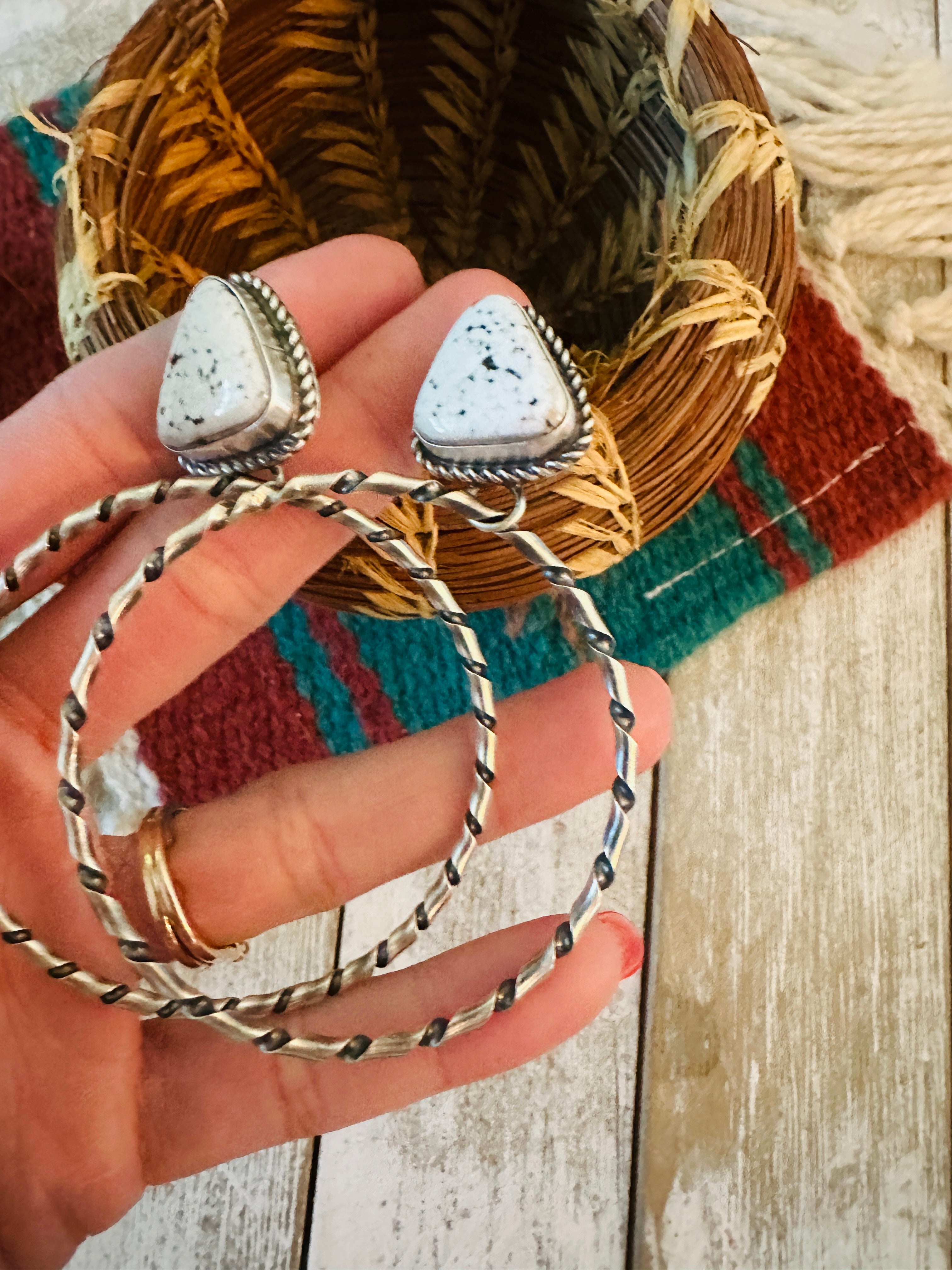 Navajo White Buffalo and Sterling Silver Dangle Hoop Earrings