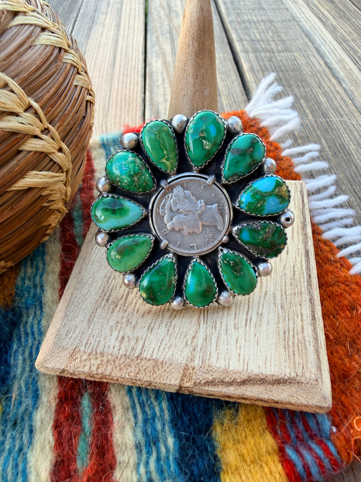 Handcrafted Sonoran Mountain Turquoise & Sterling Silver Liberty Dime Adjustable Ring by Michael Thomas Jr