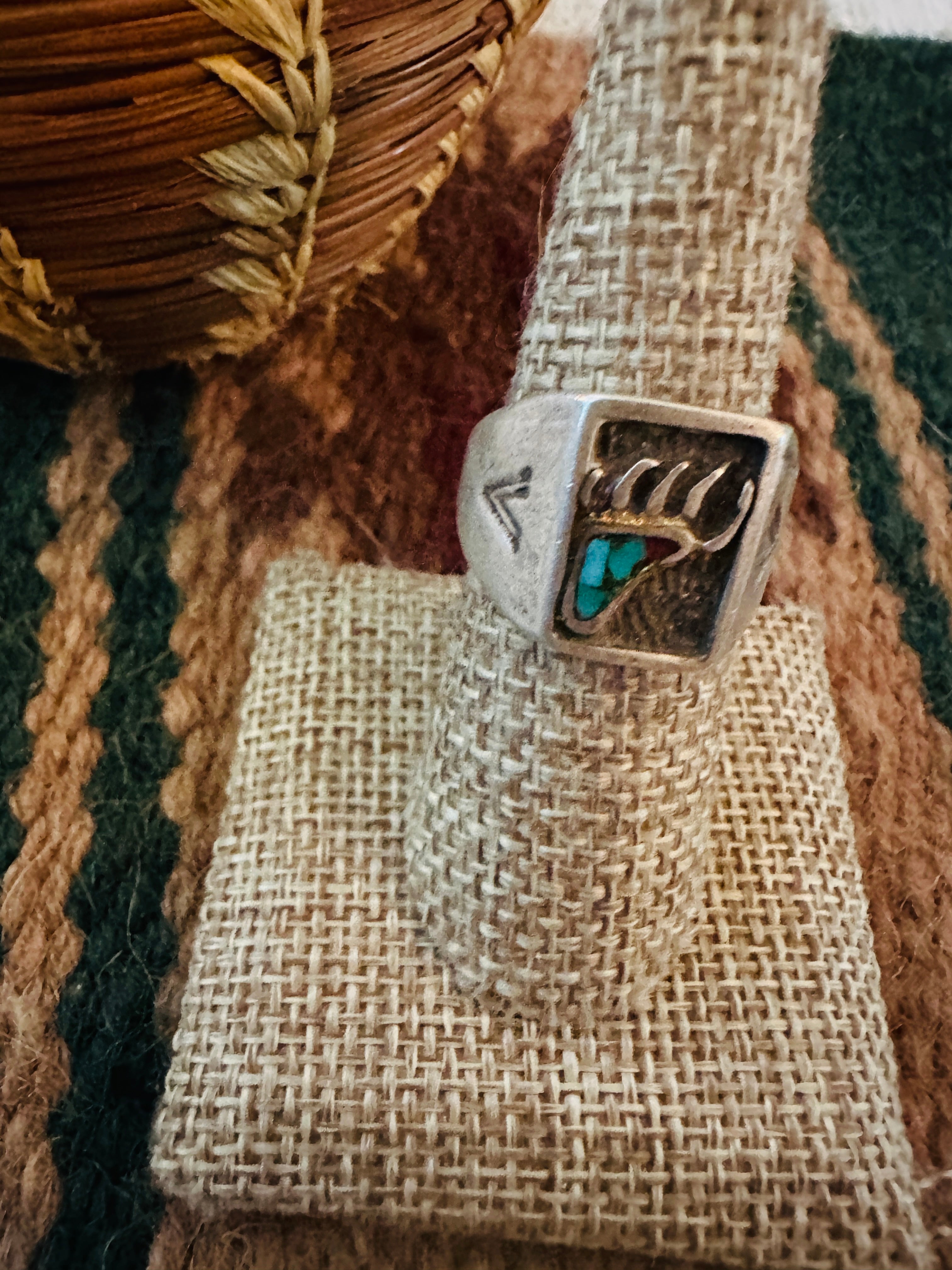 Old Pawn Handcrafted Turquoise & Sterling Silver Bear Paw Ring Size 7.25