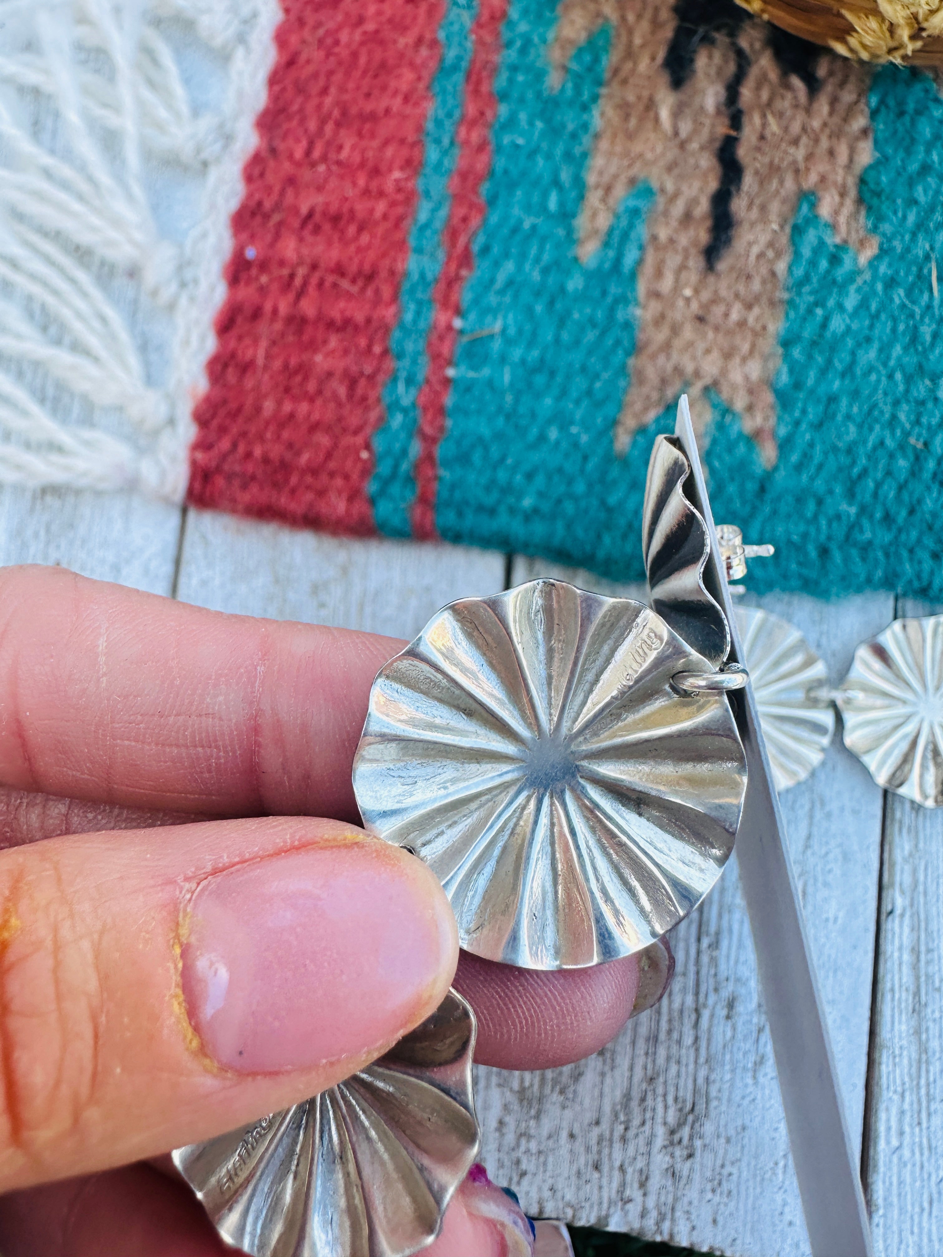 Handcrafted Hand Stamped Sterling Silver Concho Dangle Earrings