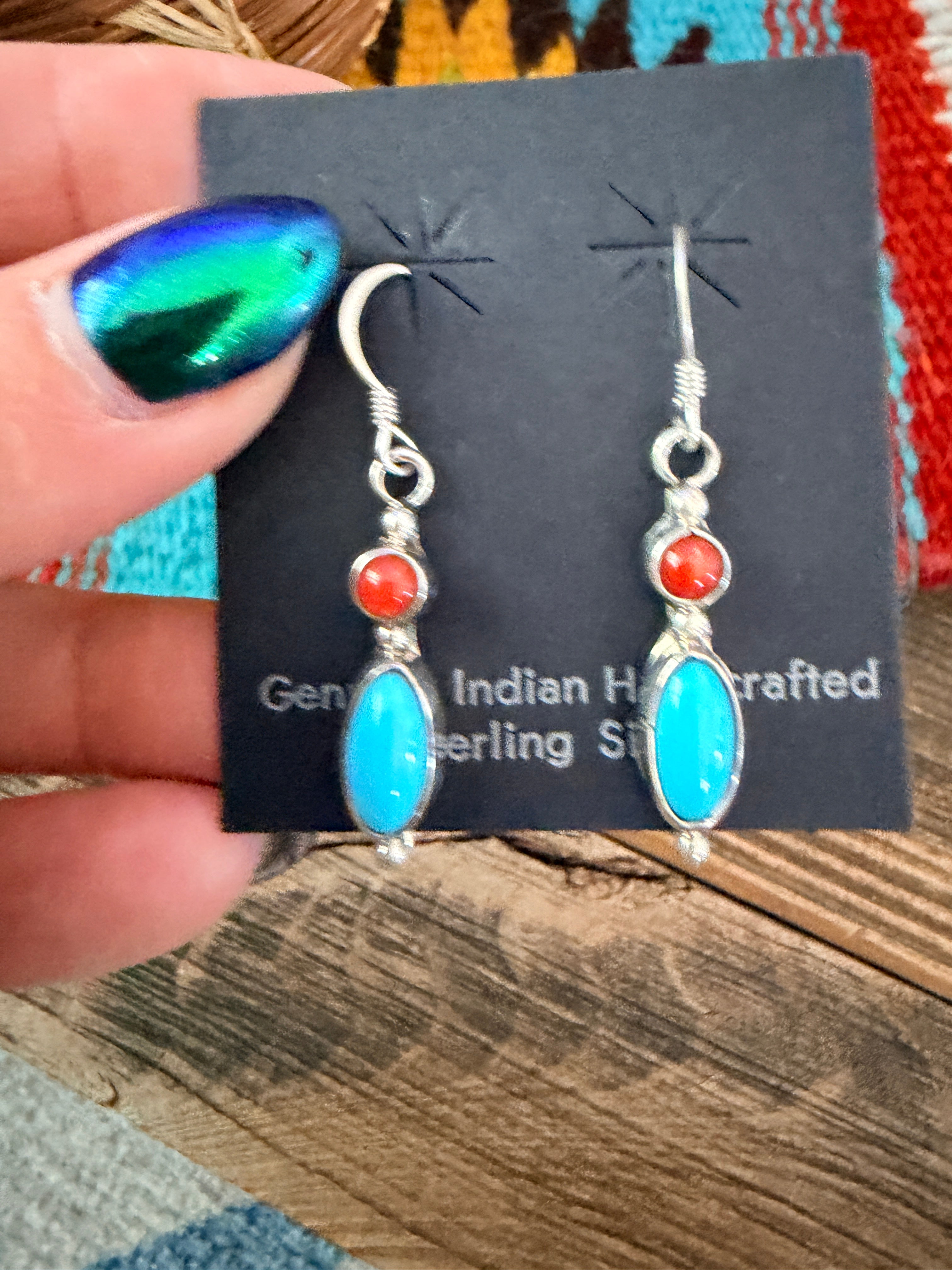 Handcrafted Turquoise, Coral & Sterling Silver Dangle Earrings
