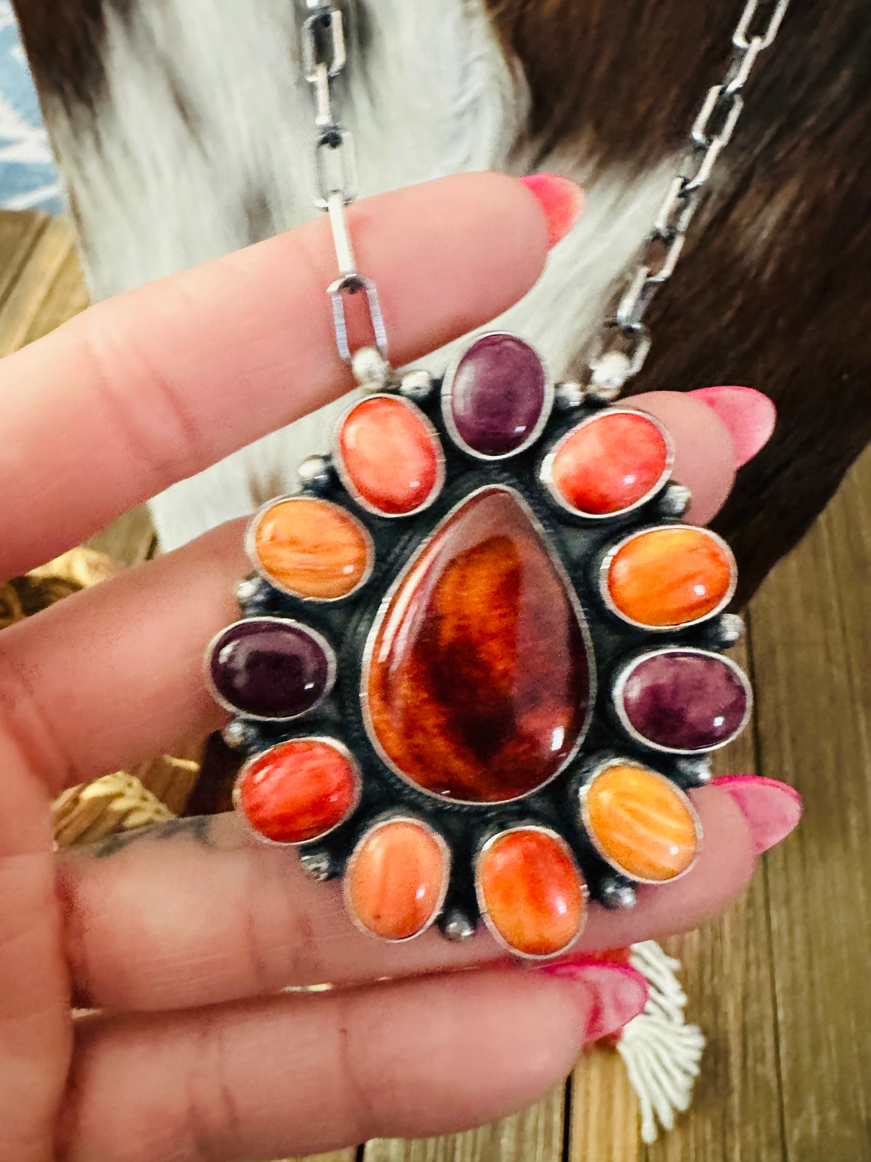 Handcrafted Multicolor Spiny Oyster & Sterling Silver Cluster Necklace by Sheila Becenti