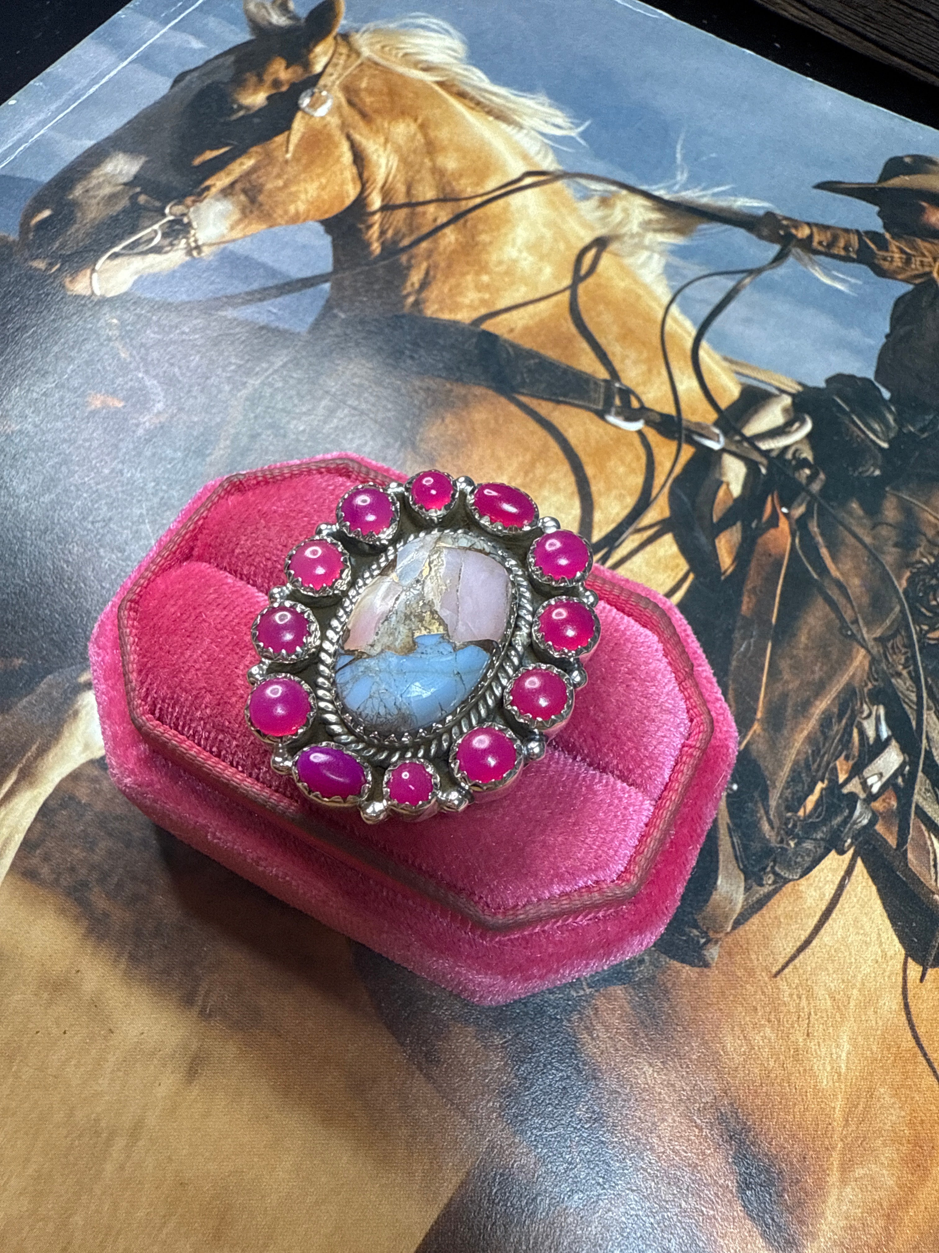 Handmade Sterling Silver, Pink Conch Mojave & Pink Opal Adjustable Ring