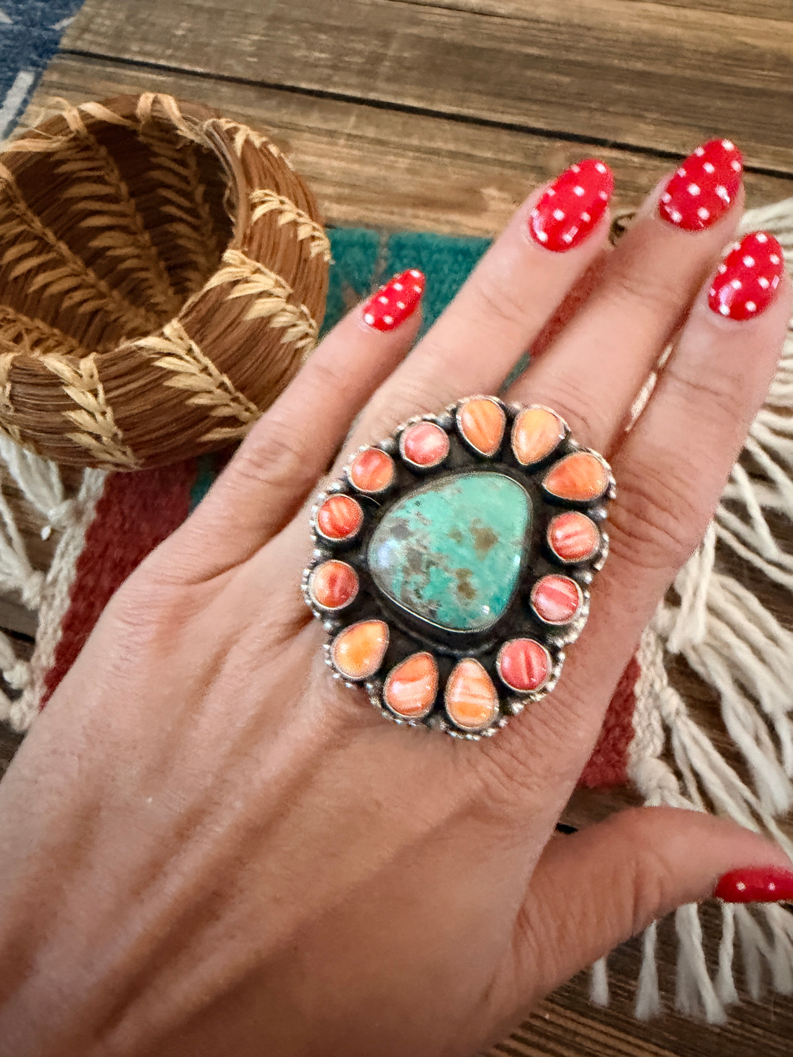 Handcrafted Spiny Oyster, Turquoise & Sterling Silver Cluster Ring by Sheila Becenti Size 10