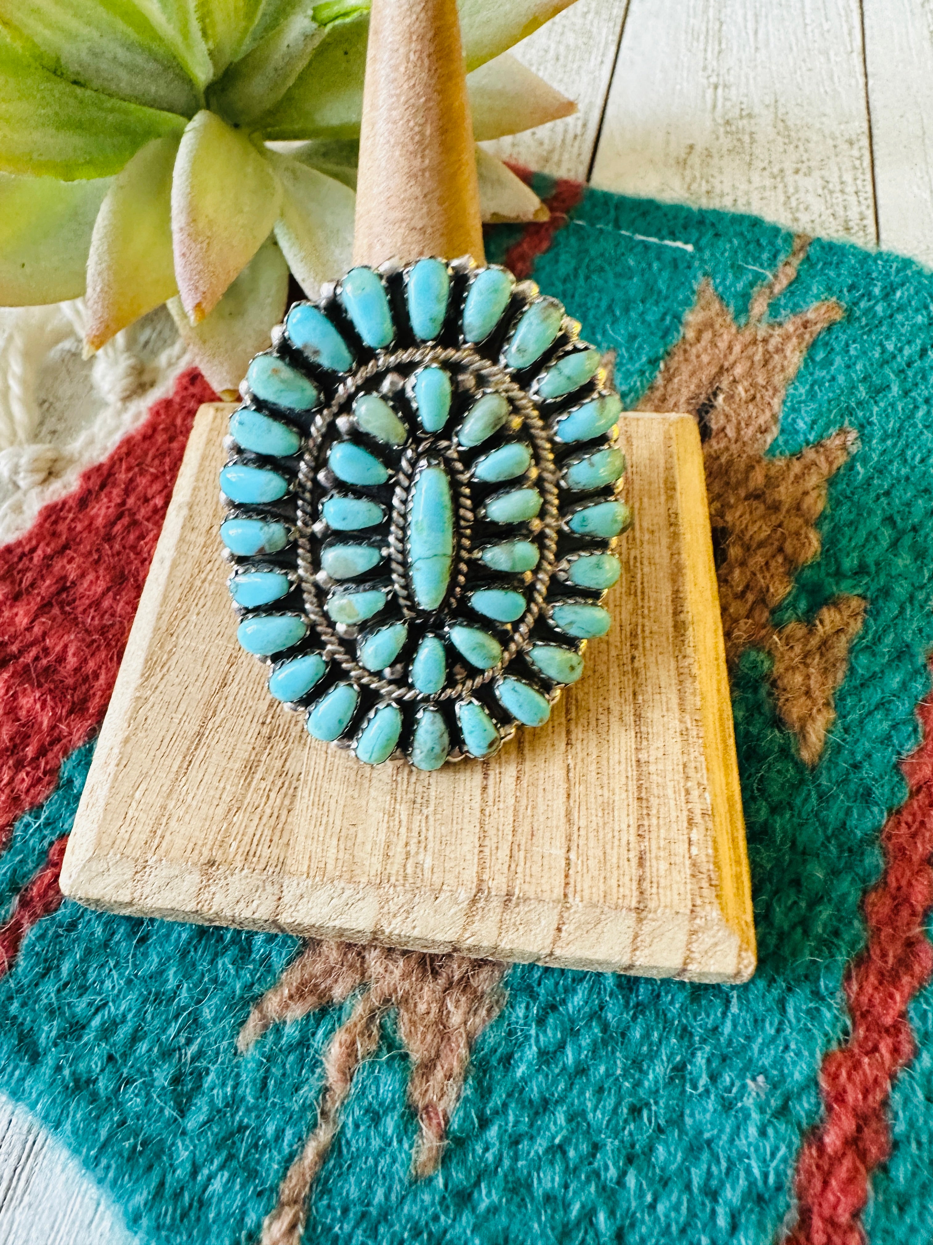 Navajo Turquoise & Sterling Silver Adjustable Cluster Ring