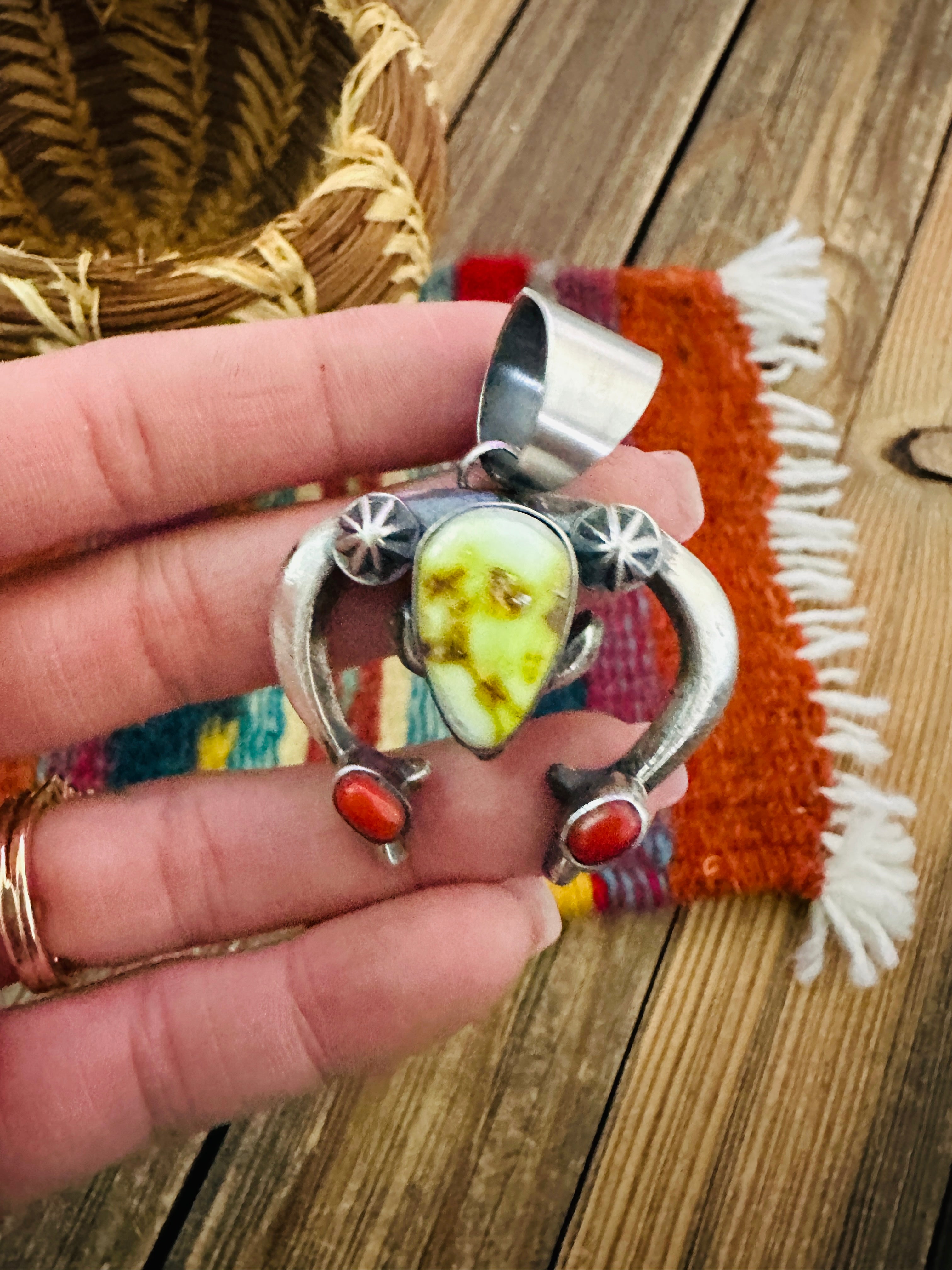 Handcrafted Sterling Silver, Turquoise & Coral Naja Pendant by Chimney Butte
