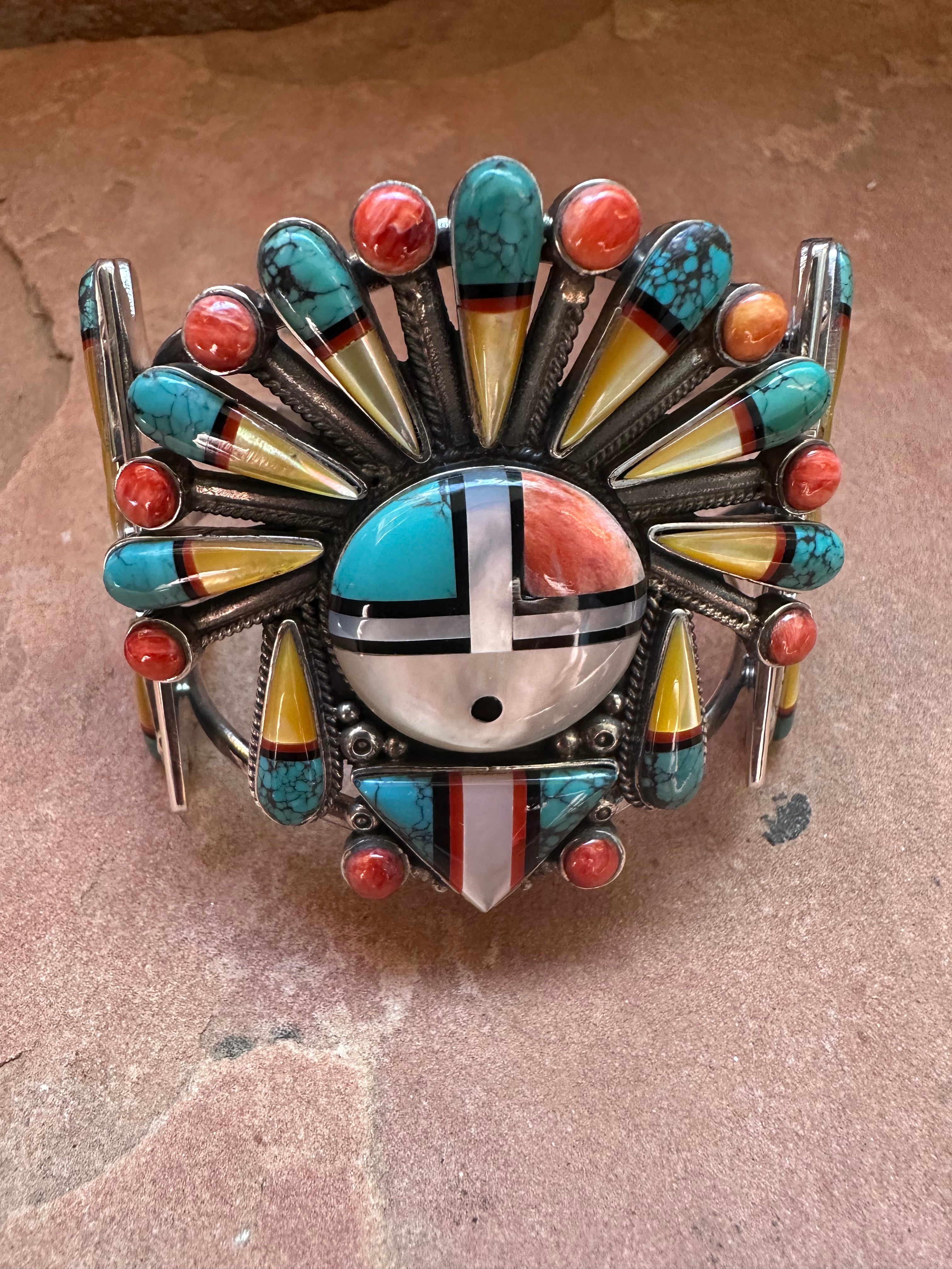 Handmade Sterling Silver Multi Stone Southwest Inlay Sunface Cuff