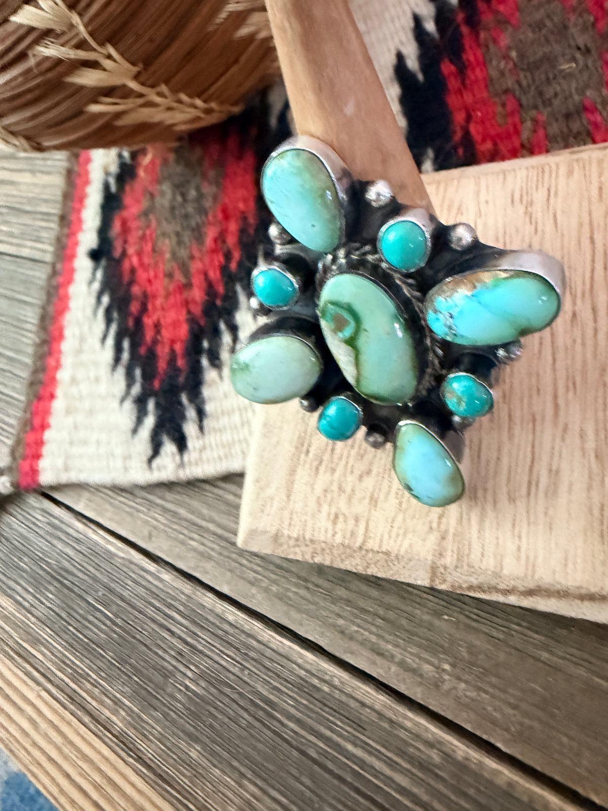 Handcrafted Turquoise & Sterling Silver Cluster Adjustable Ring