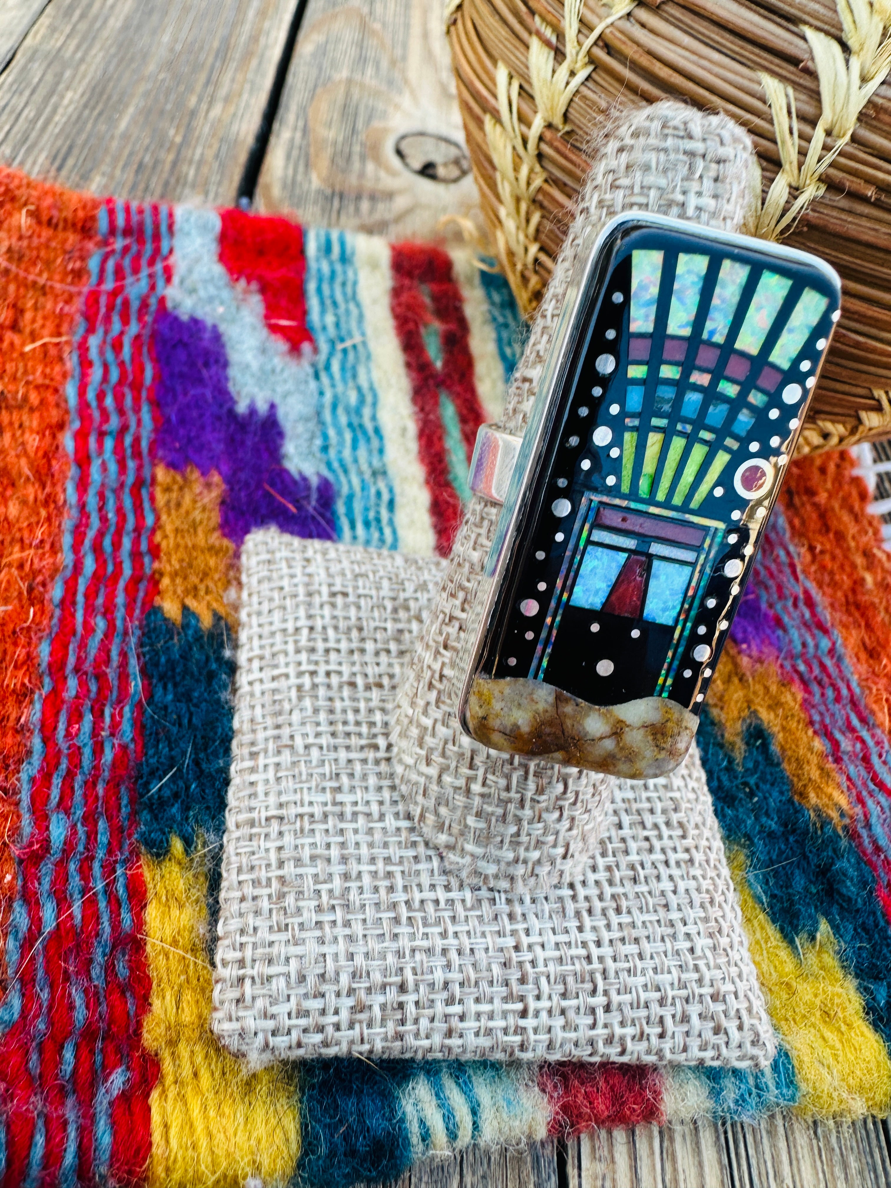 Handcrafted Multi Stone & Sterling Silver Inlay Adjustable Ring by Matthew Jack