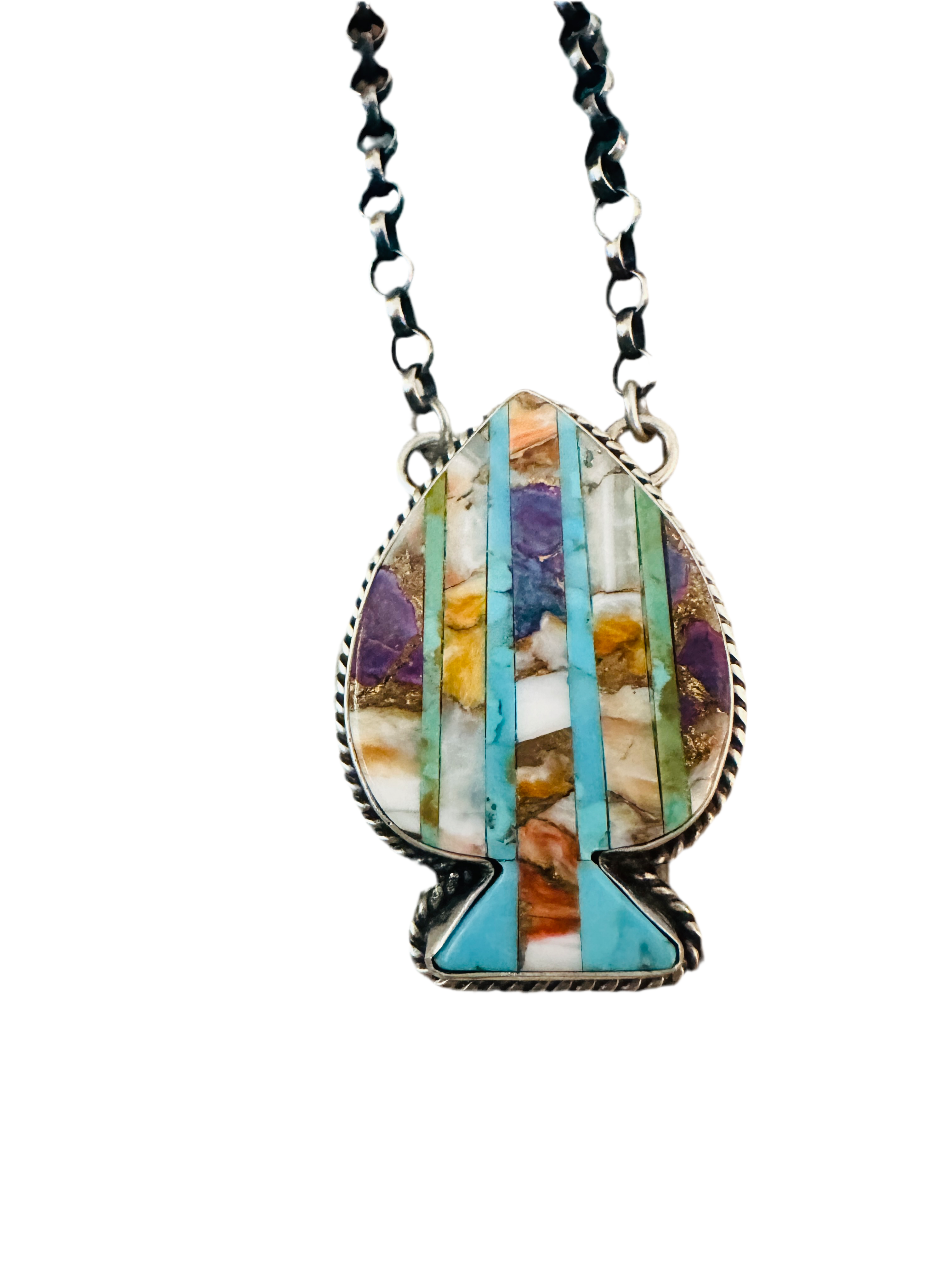 Navajo Sterling Silver & Multi Stone Inlay Spade Necklace