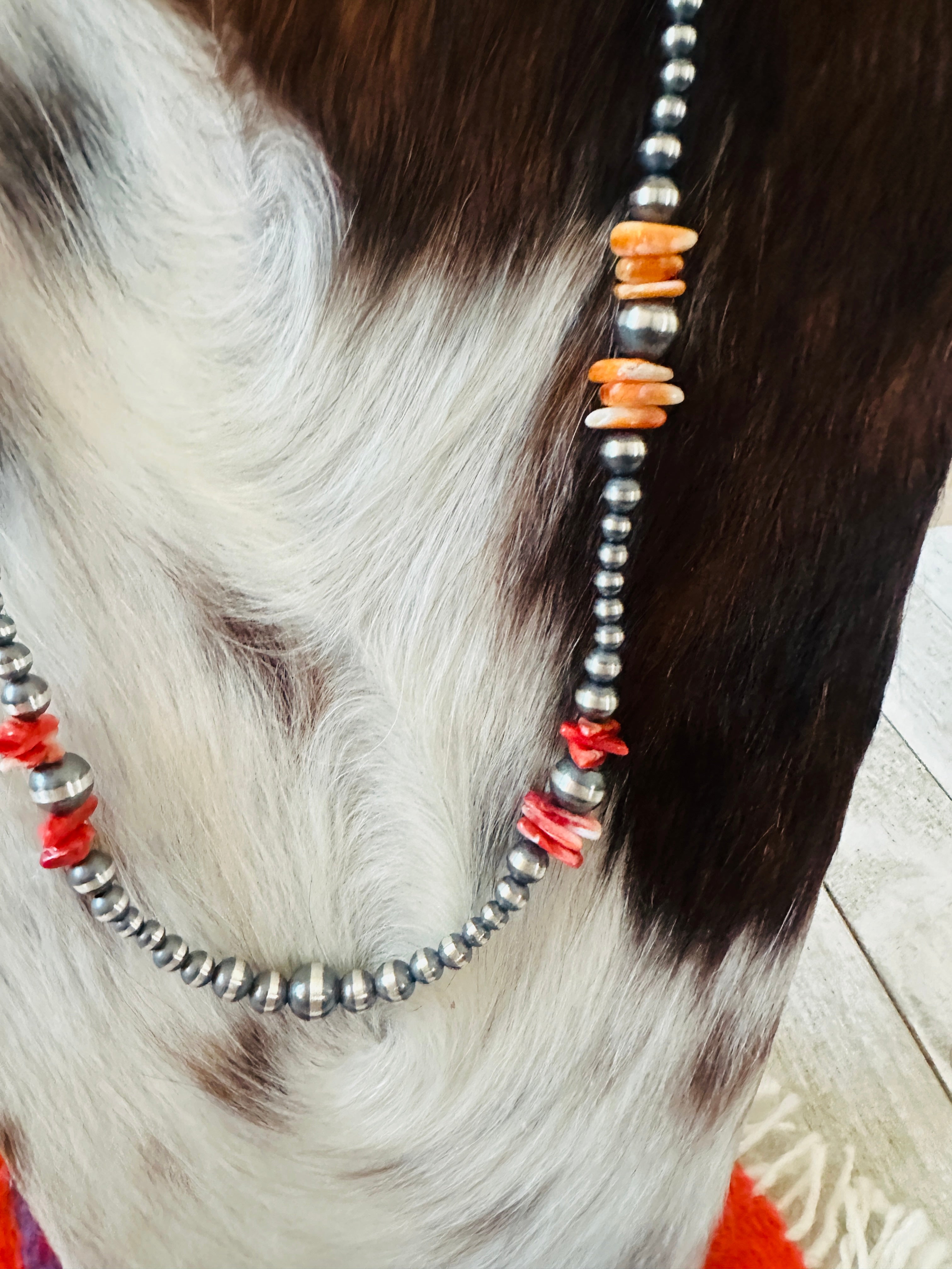 Handcrafted Sterling Silver & Spiny Oyster Beaded 24” Necklaces