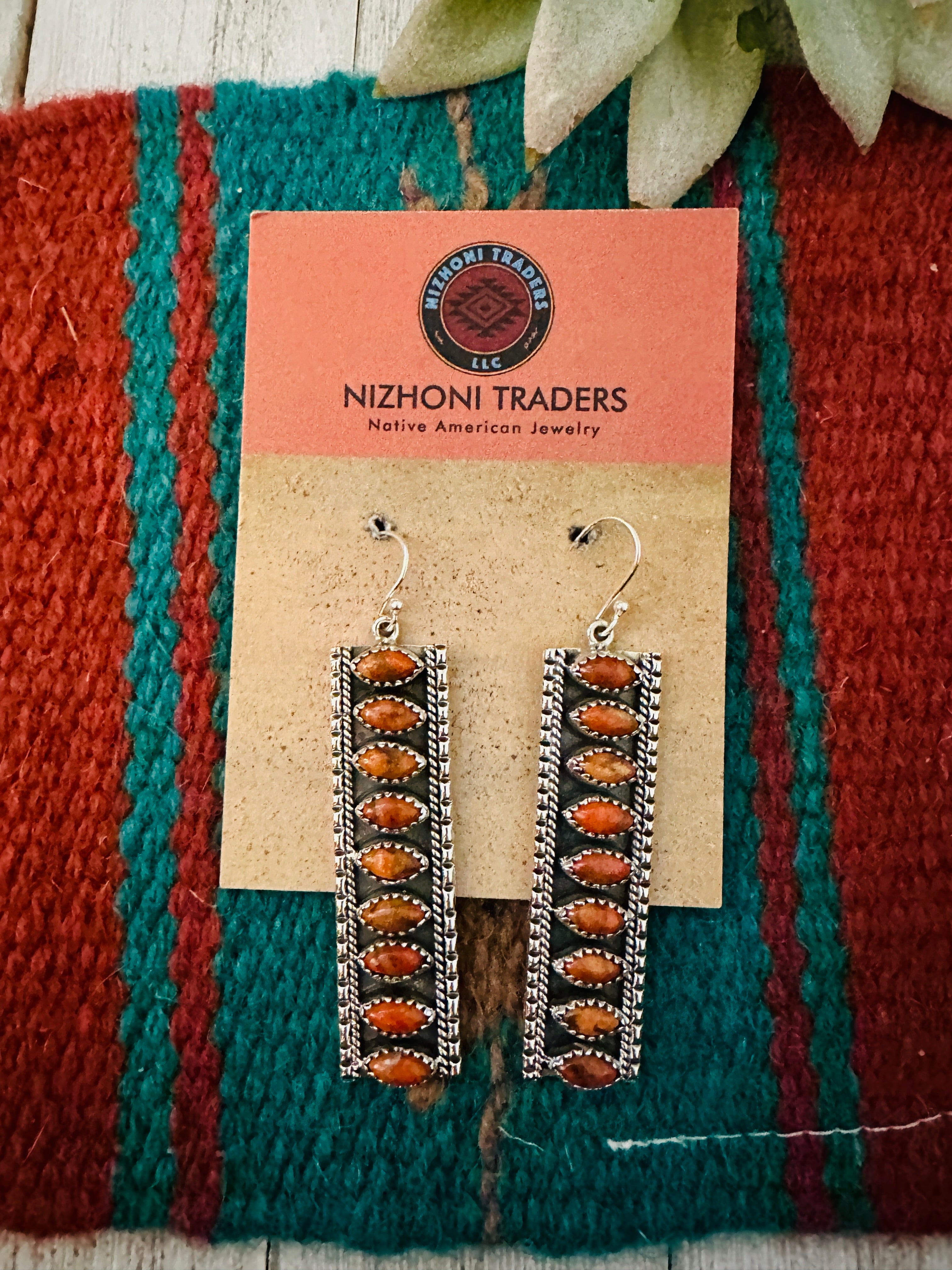 Handmade Orange Spiny & Sterling Silver Dangle Earrings Signed Nizhoni